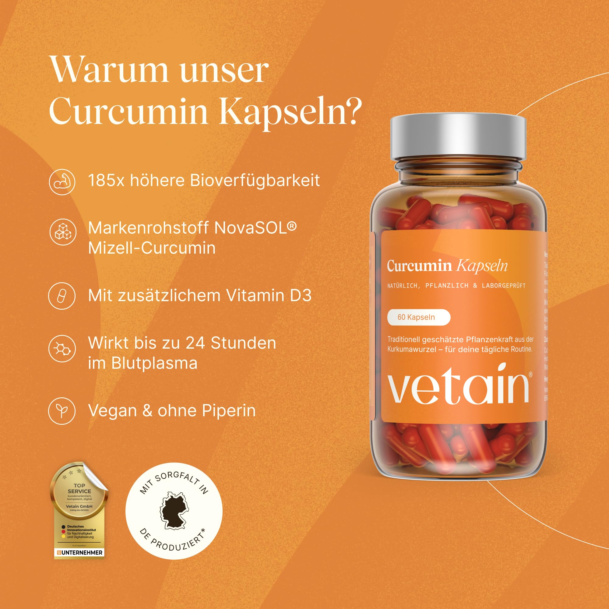 VETAIN Kurkuma Kapseln hochdosiert -185x höhere Bioverfügbarkeit - Mizell Curcumin NovaSOL + Vitamin D3 - Ohne Piperin - 60 flüssige Kapseln - Vegan & laborgeprüft