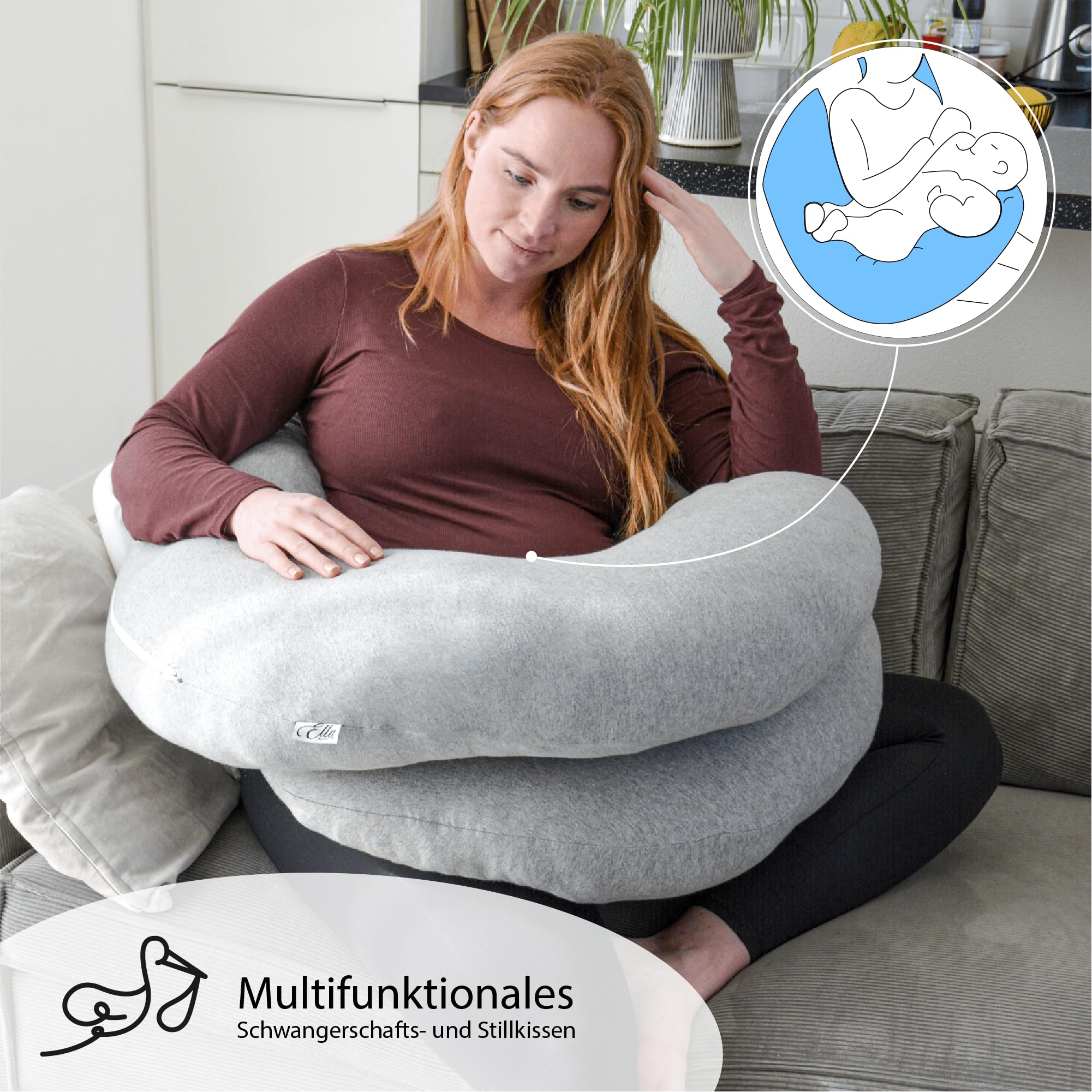Ella Schwangerschaftskissen, J-förmiges Seitenschläferkissen, U-Kissen, Stillkissen mit waschbarem Baumwollbezug, Ganzkörperkissen & Stützkissen für Frauen, Seitenschläfer - 155 x 80 cm, grau