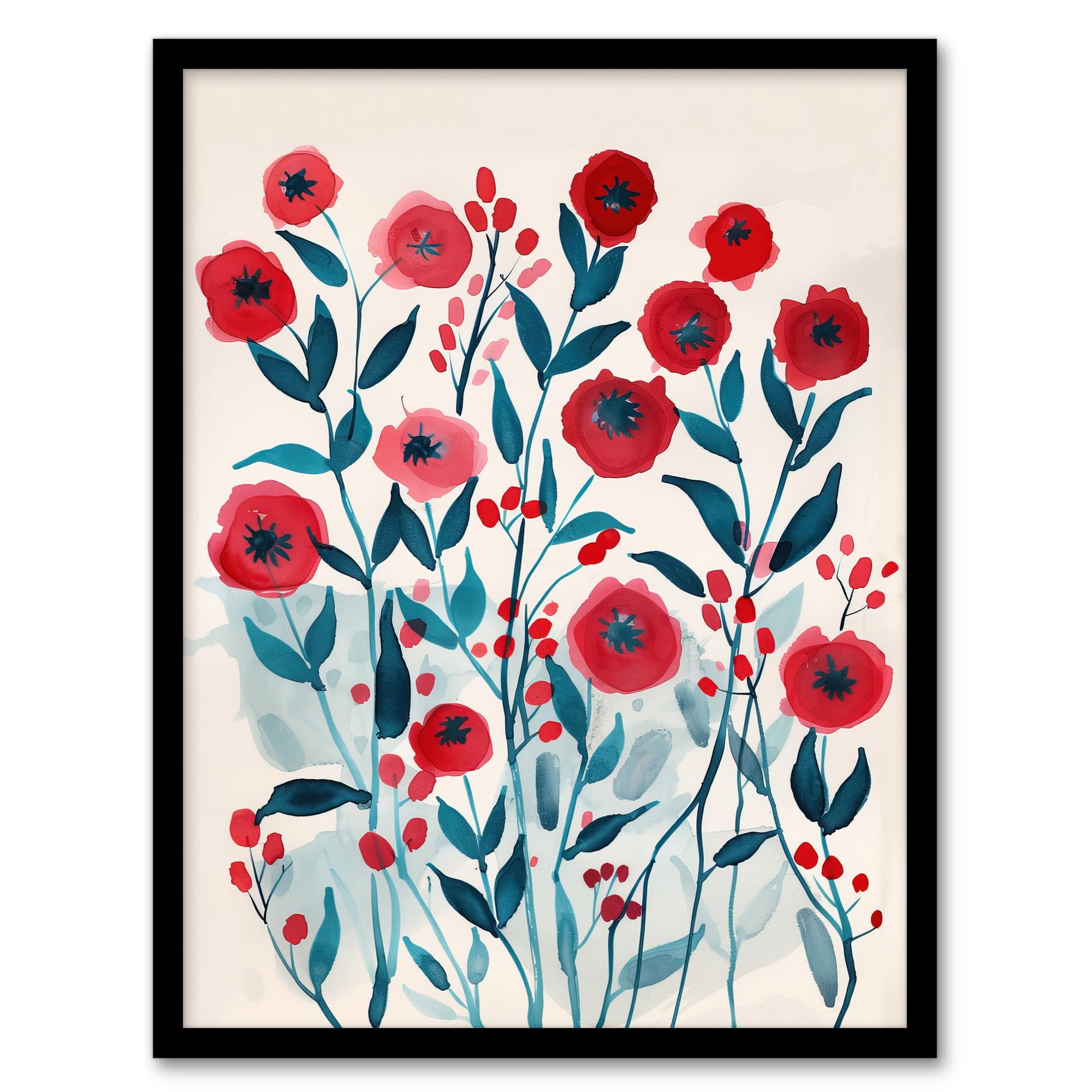 Artery8 Poppy Flowers Red Teal Bright Floral Watercolour Living Room Artwork Framed Wall Art Print 18X24 Inch
