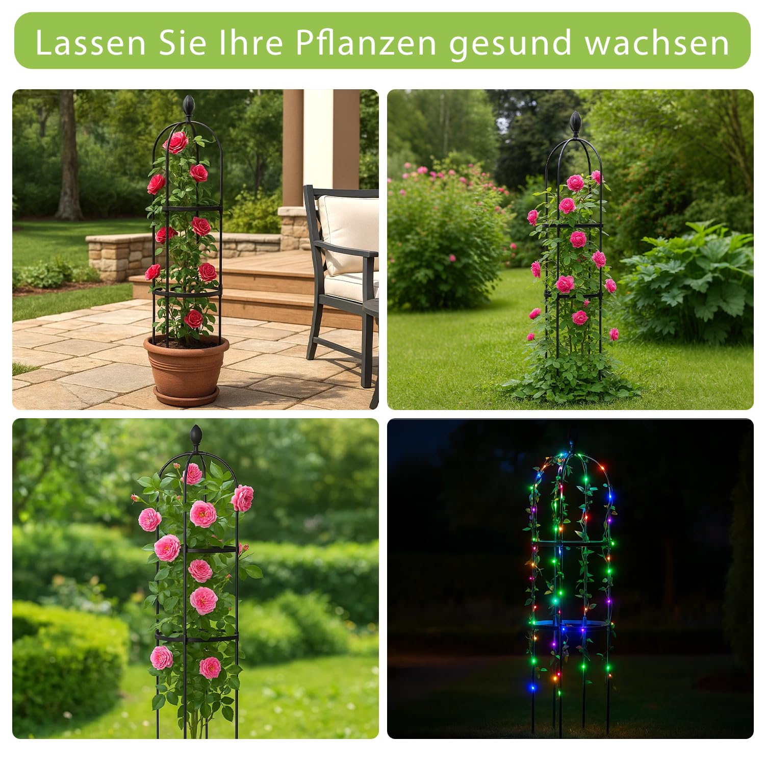 Lot de 3 obélisques de jardin de 120 cm pour plantes grimpantes, treillis de jardin en métal pour lieux publics et cours privées