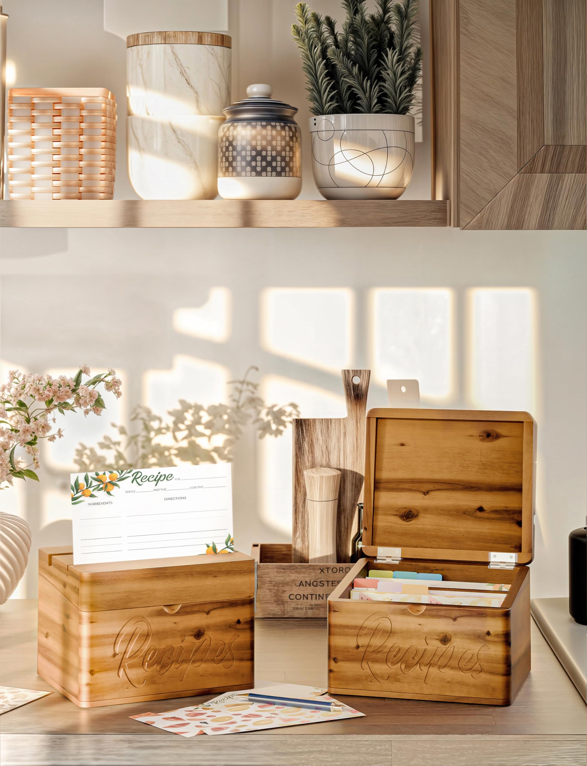 Acacia Recipe Box - Wooden Holder with Cards -7