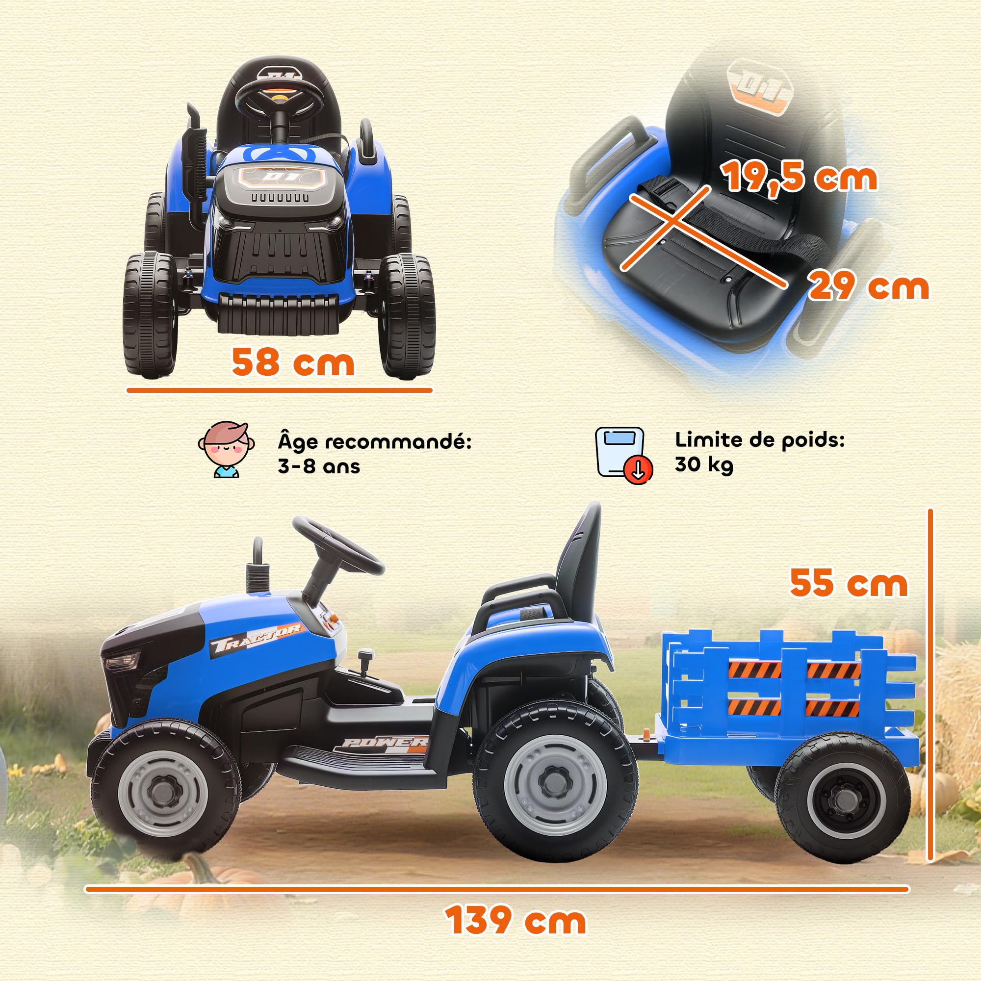 AIYAPLAY Tracteur électrique Enfants avec remorque amovible, Voiture électrique 6 pneus télécommande 2,4G LED Musique 3 Vitesses 3-8 Ans Bleu