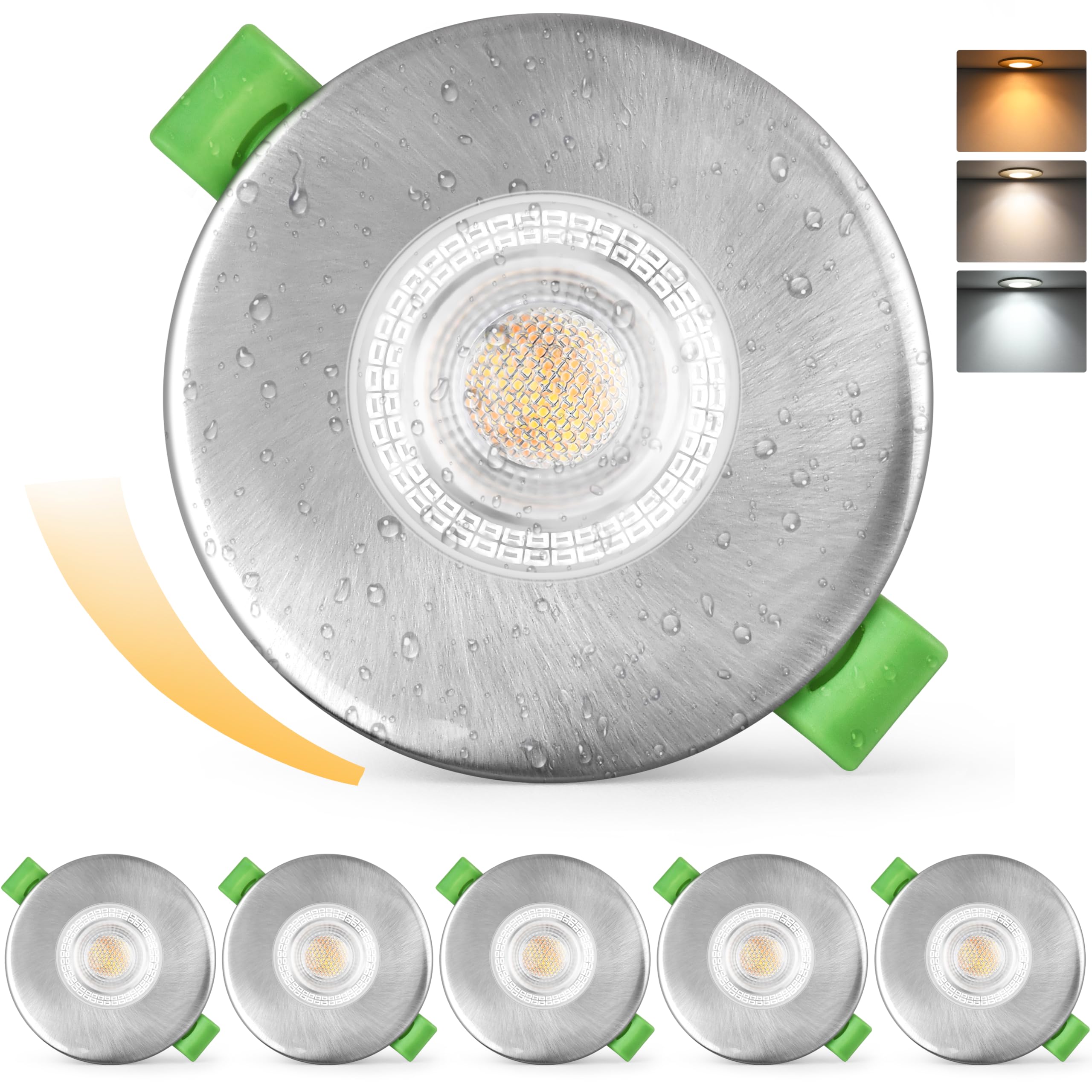 KYOTECH LED Einbaustrahler 230V Dimmbar 60-75mm Bohrung, 7W 770LM LED Spot Ultra Flach, 2700K/4000K/6000K Deckenspots, IP65 Einbauleuchten für Badezimmer Balkon Wohnzimmer, Nickel gebürstet 6er Set