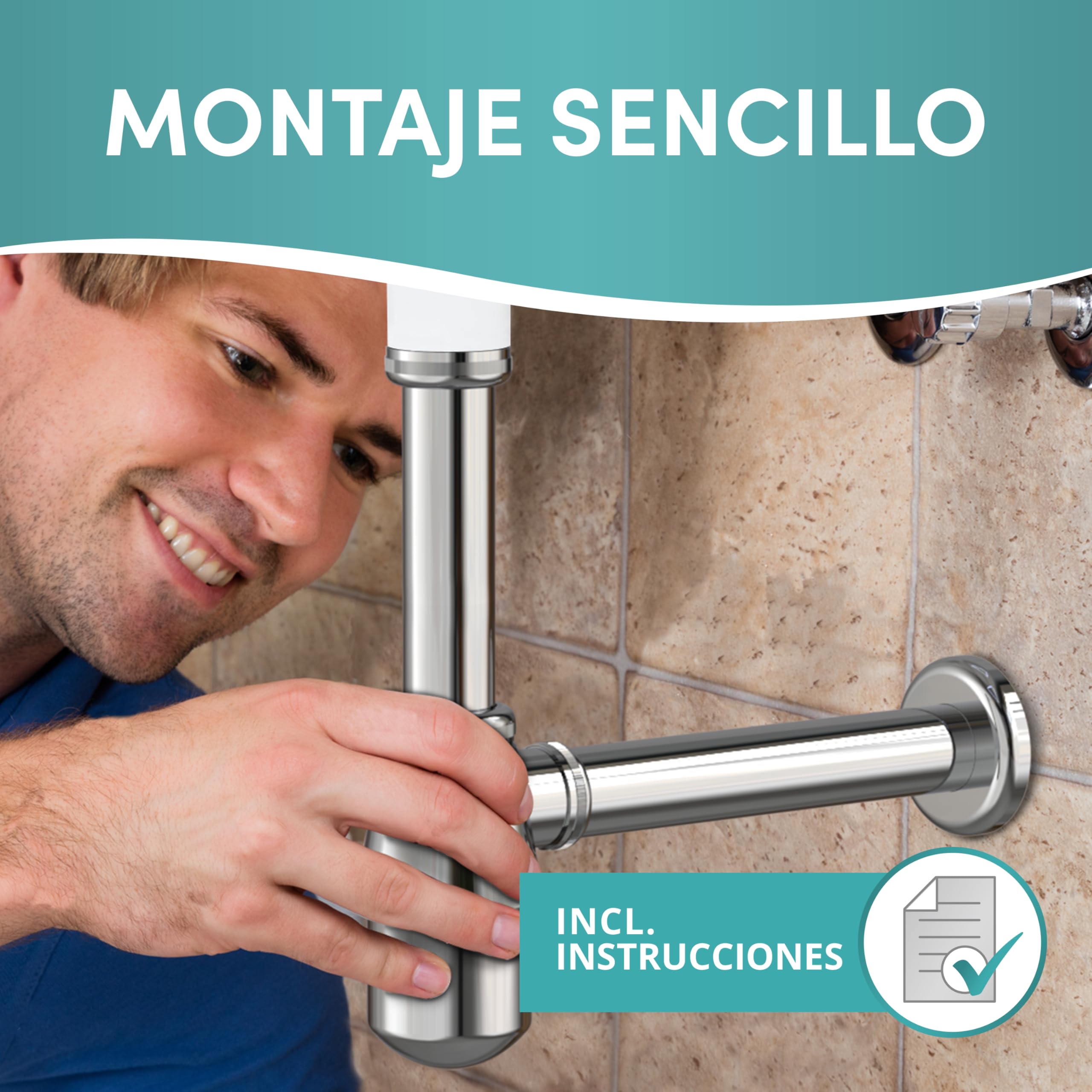 Engelbach® sifón lavabo - Tapa bote sifónico - Sifón universal flexible, desagüe lavabo cromado 1 1/4" - Bote sifónico antiolores, tubo desagüe lavabo y tapa con válvula