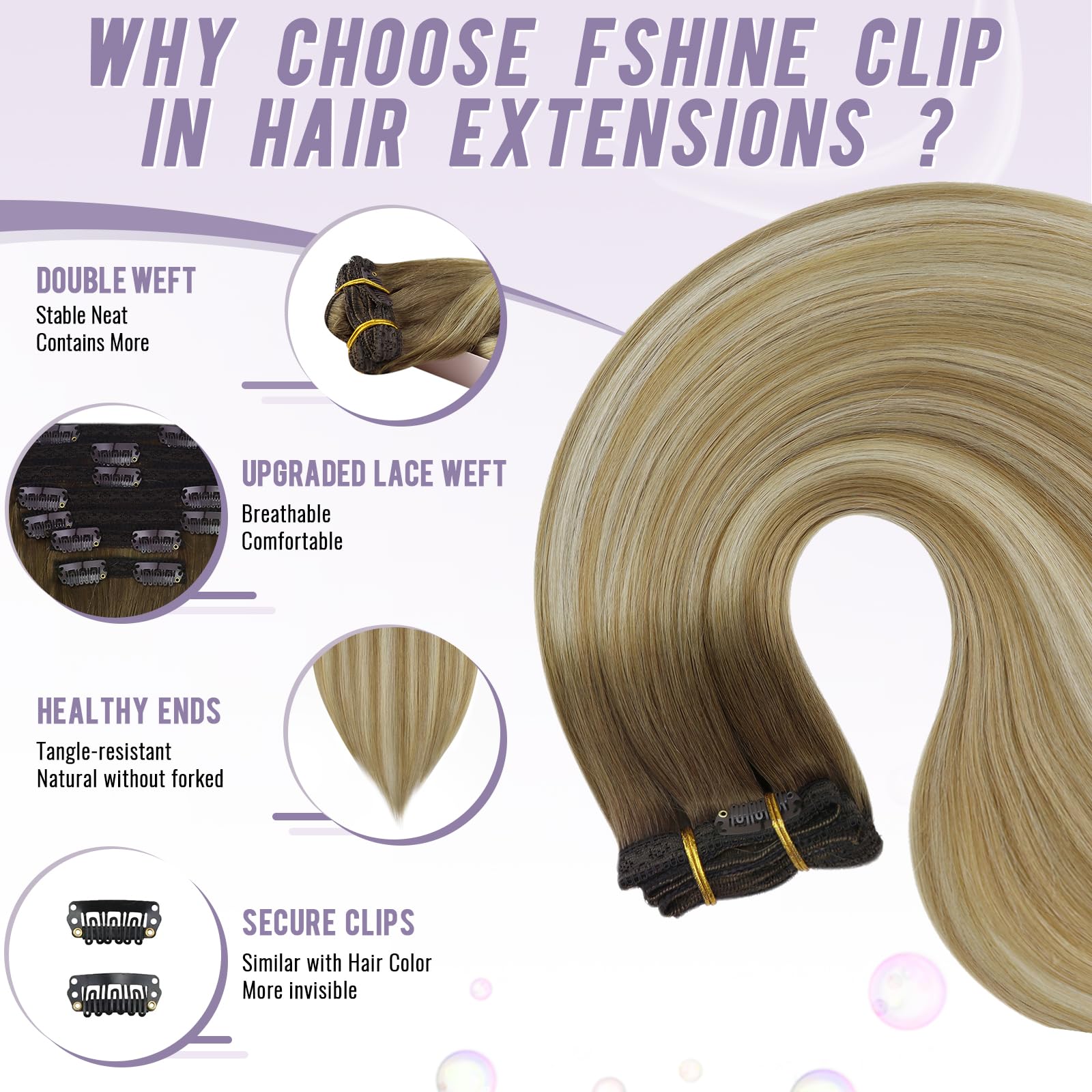 Fshine Extension Capelli Veri Clip 40.6cm 50g 3pcs Castagno Marrone Ombre Bionda Mix Platino Bionda Capelli Veri Umani Naturali Extension Capelli Veri