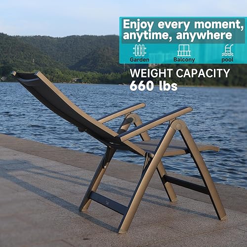Miniatura 6 de Silla plegable, balcón interior y exterior, porche de patio, césped de jardín, piscina, para cómodas sillas plegables negras, sillón reclinable