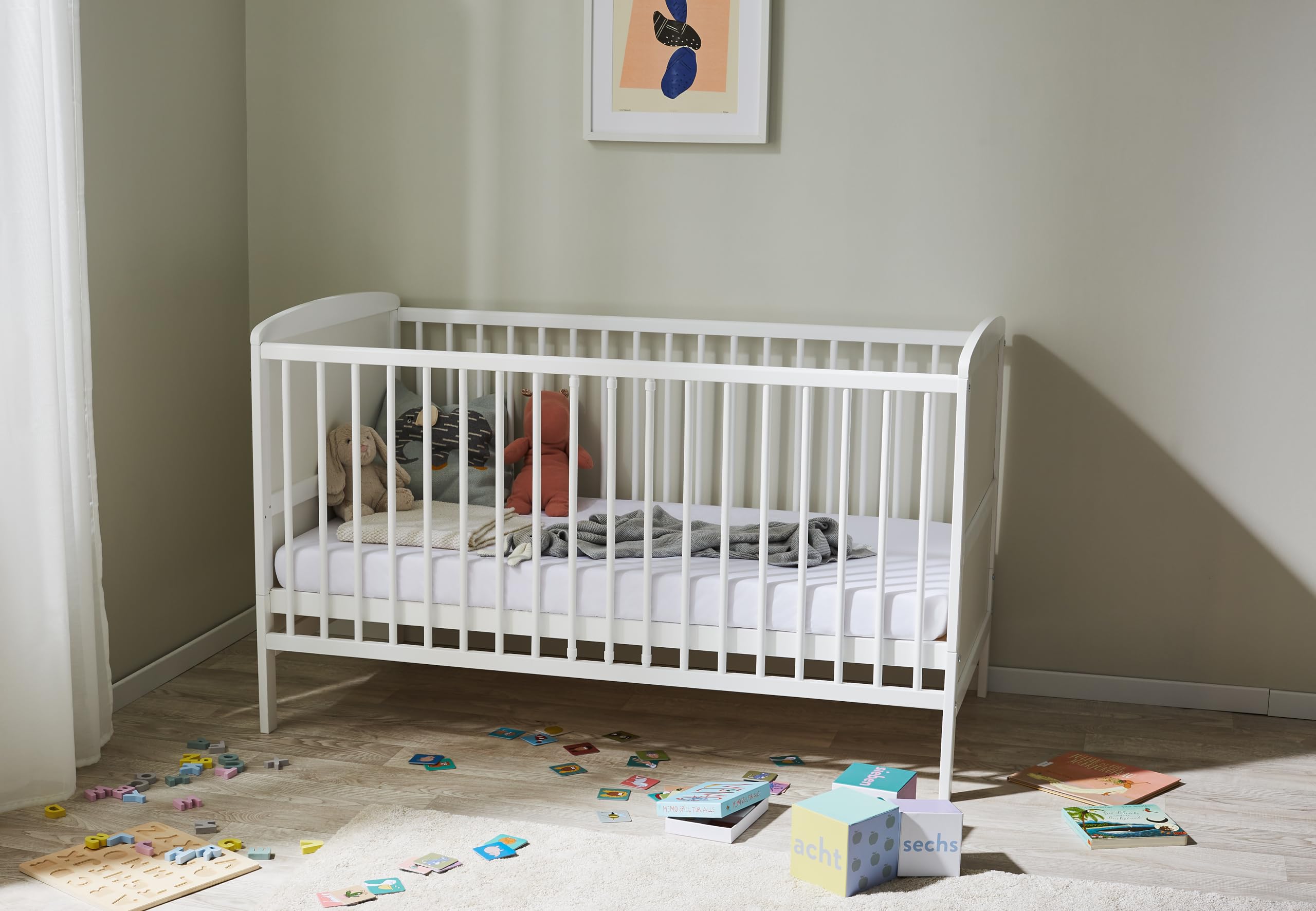 Kids Collective Babybett Kinderbett 70x140 Umbaubares Gitterbett höhenverstellbar & herausnehmbare Sprossen | weiß Vollholz Kiefer Made in Europe | von Geburt bis 6. Lebensjahr
