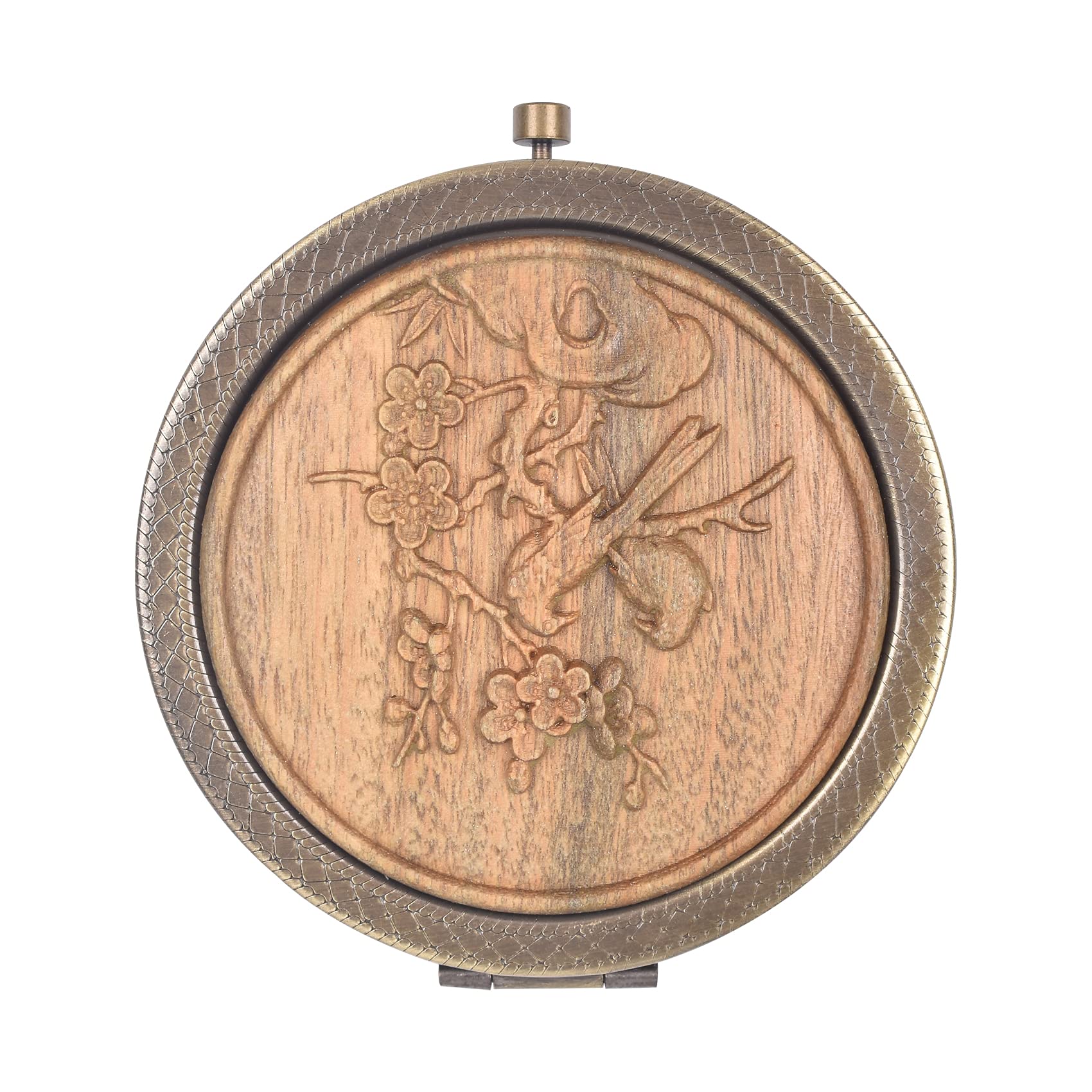 JIABEIUS Wood Carving Pattern Portable Folding Makeup Mirror, Mini Mirror, Double-Sided Makeup Mirror, Bedroom, Bathroom, Student Dormitory, Suitable for Pocket School Bag Wallet Gift (Round Bird)