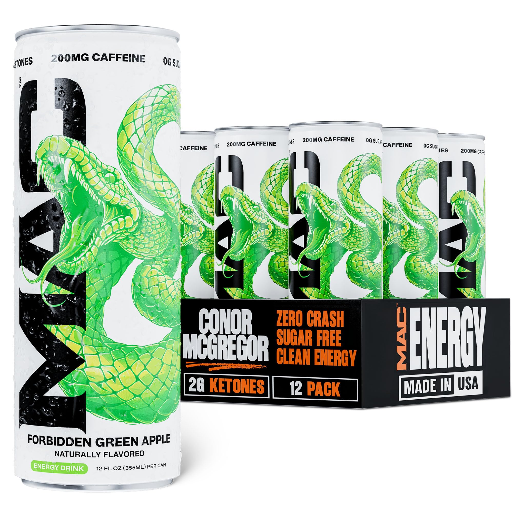 MAC Energy by Conor McGregor Forbidden Green Apple Sugar Free Energy Drink | 12 Pack 12oz Cans, 200mg Caffeine, Clean Energy From Ketones, Green Apple Flavor, Zero Sugar, Only 10 Calories, Cabonated