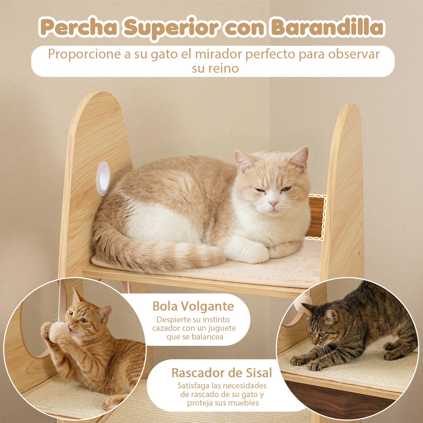 COSTWAY Árbol Rascador para Gatos en Forma de Cohete, Torre para Gatos de Madera con Condominio de 2 Plantas, Percha Superior, Rascador de Sisal, Plataforma Acolchada, Bola Colgante, Natural y Blanco
