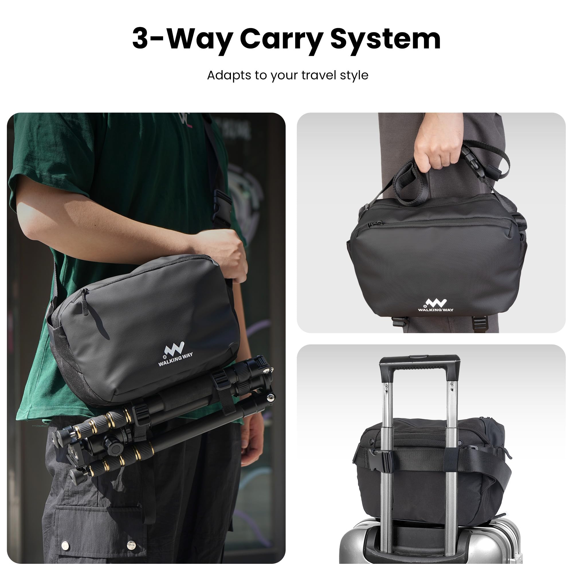 Walking Way Borsa a Tracolla per Fotocamera Nera, impermeabile Borsa Fotografica Regolabile per DSLR, Borsa Piccola e Casual, Obiettivi e Accessori con Porta Treppiede per Fotografi