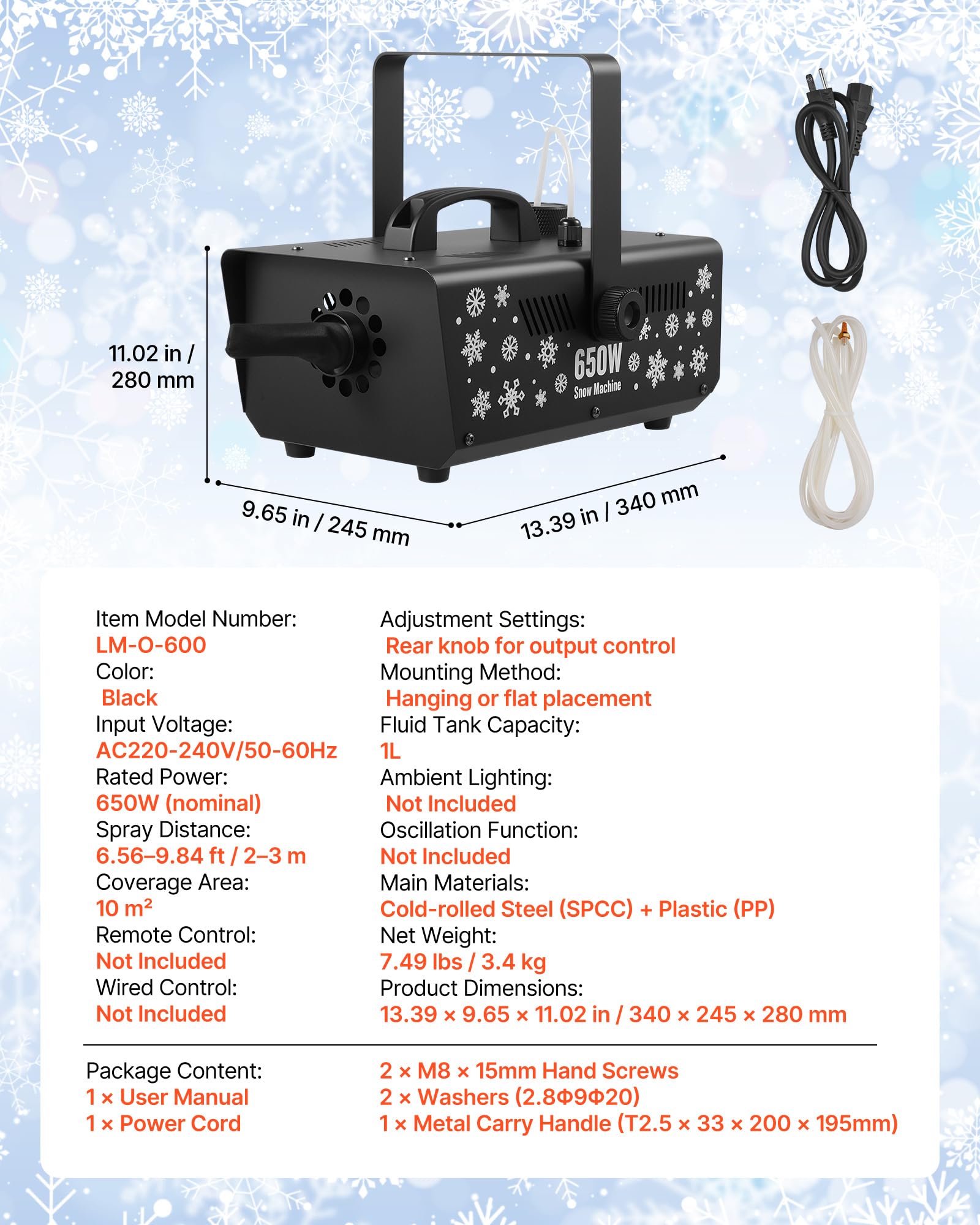 VEVOR Machine à Neige, 650 W, Machine à Flocons de Neige Artificielle Portative Suspendue, avec Poignée Portable, pour DJ, Fêtes de Noël, Effet de Scène, Décoration de Mariage, Extérieur et Intérieur