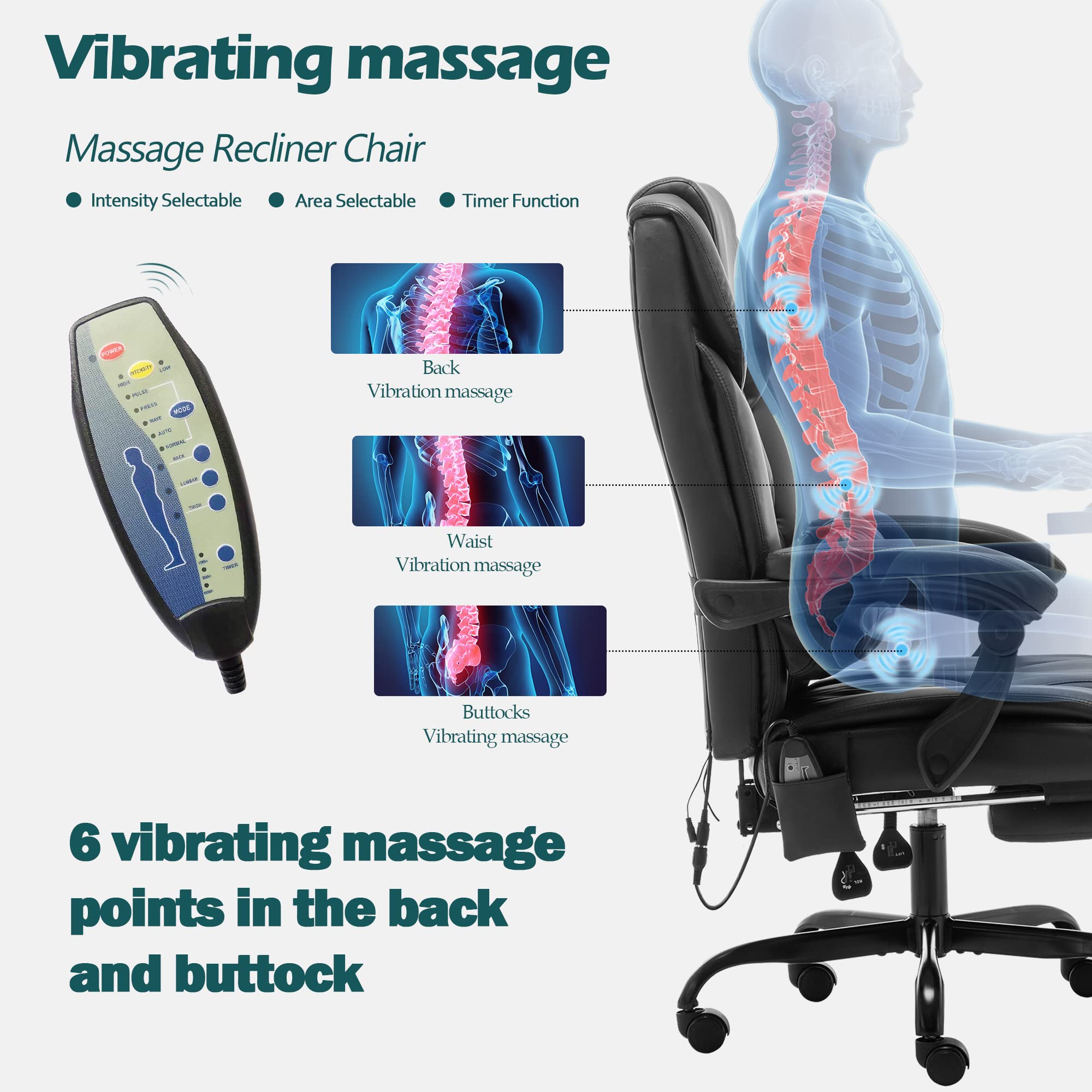 Massage Office Chair with Extendable Footrest, Pu Leather