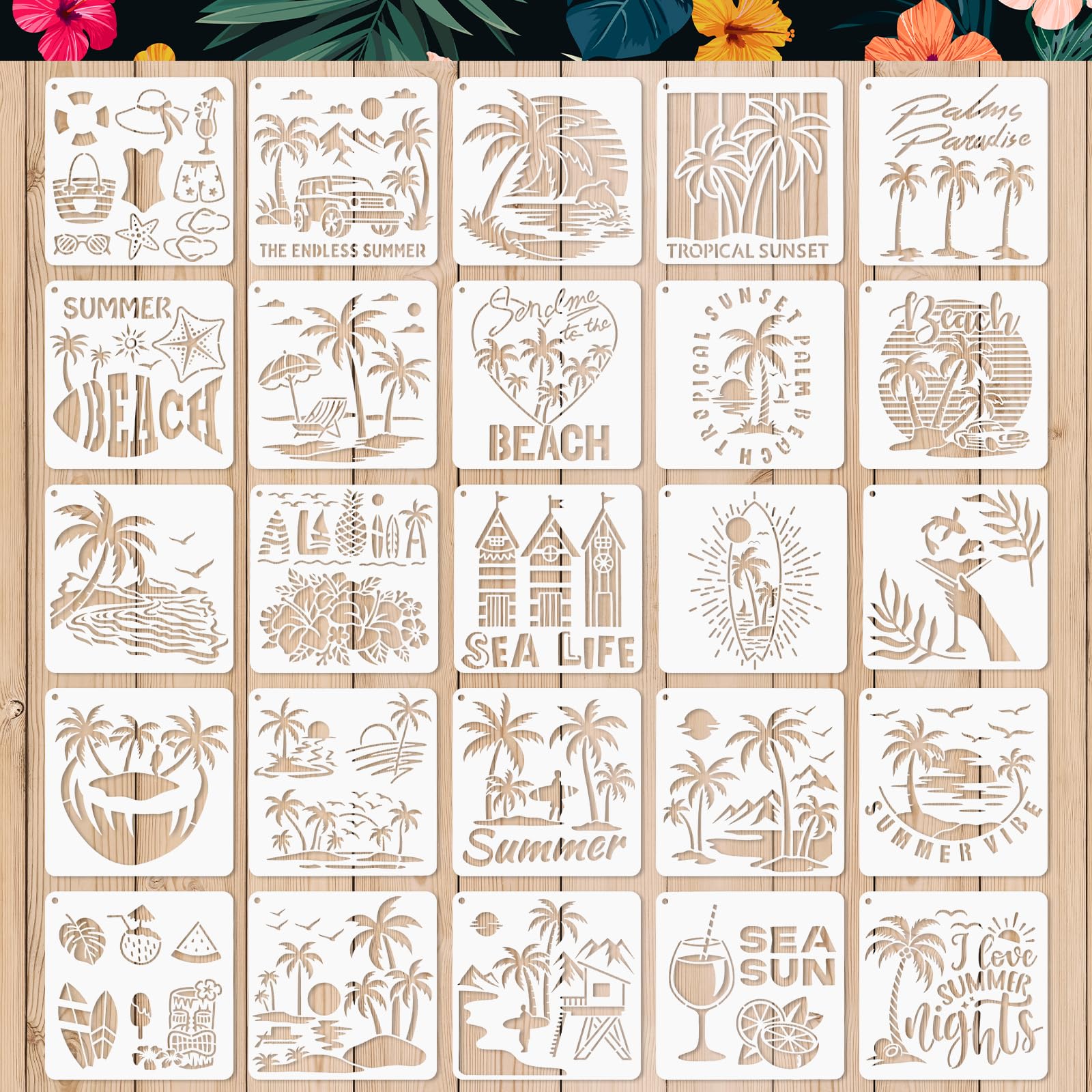 Pack of 25 Painting Stencils, Summer Palm Trees Stencil, Children's Summer Craft Drawing Stencils, Plastic, Reusable, Stencil Set for DIY Crafts, Painting on Wood, Stone, Paper, Fabric, Wall