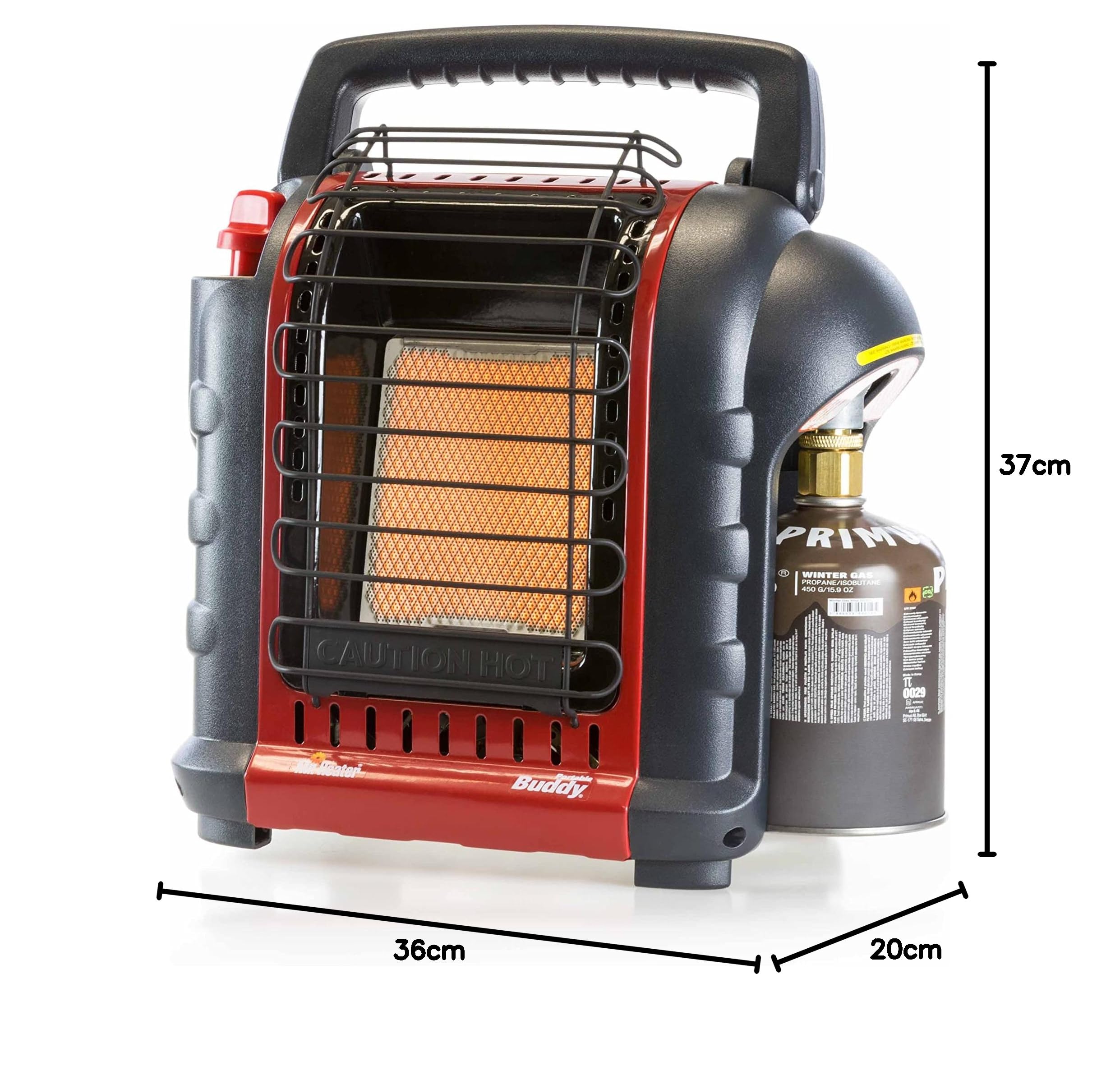 Mr. Heater Portable Buddy inkl. ölfreiem Schlauch & Gaskartusche, Heizgerät für Gaskartuschen & Gasflaschen, zwei Leistungsstufen (1,2kW / 2,4kW), mobile Heizung für Camping mit Piezo-Zünder