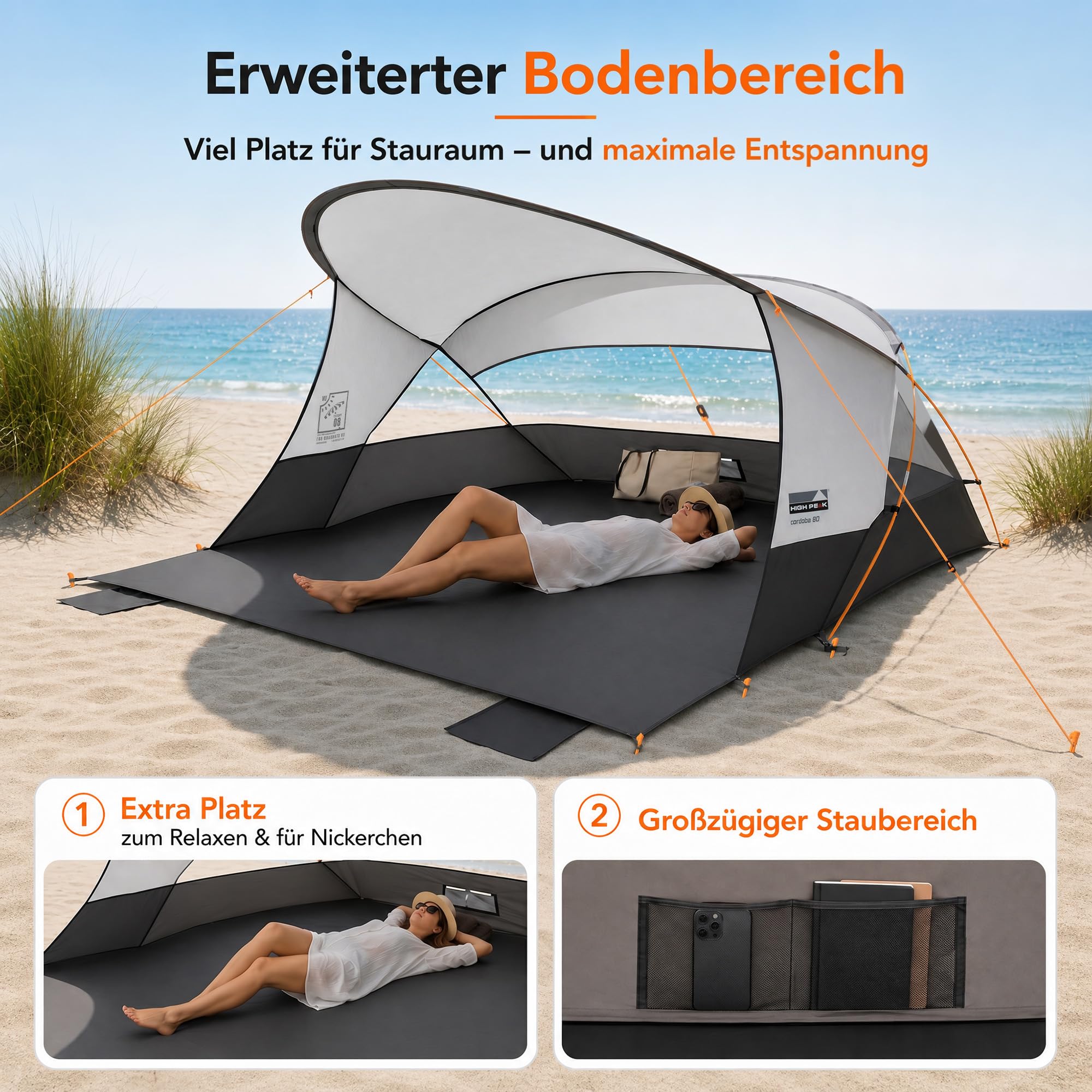 High Peak Strandmuschel mit UPF 80+, verlängertem Sonnendach und Windschutz