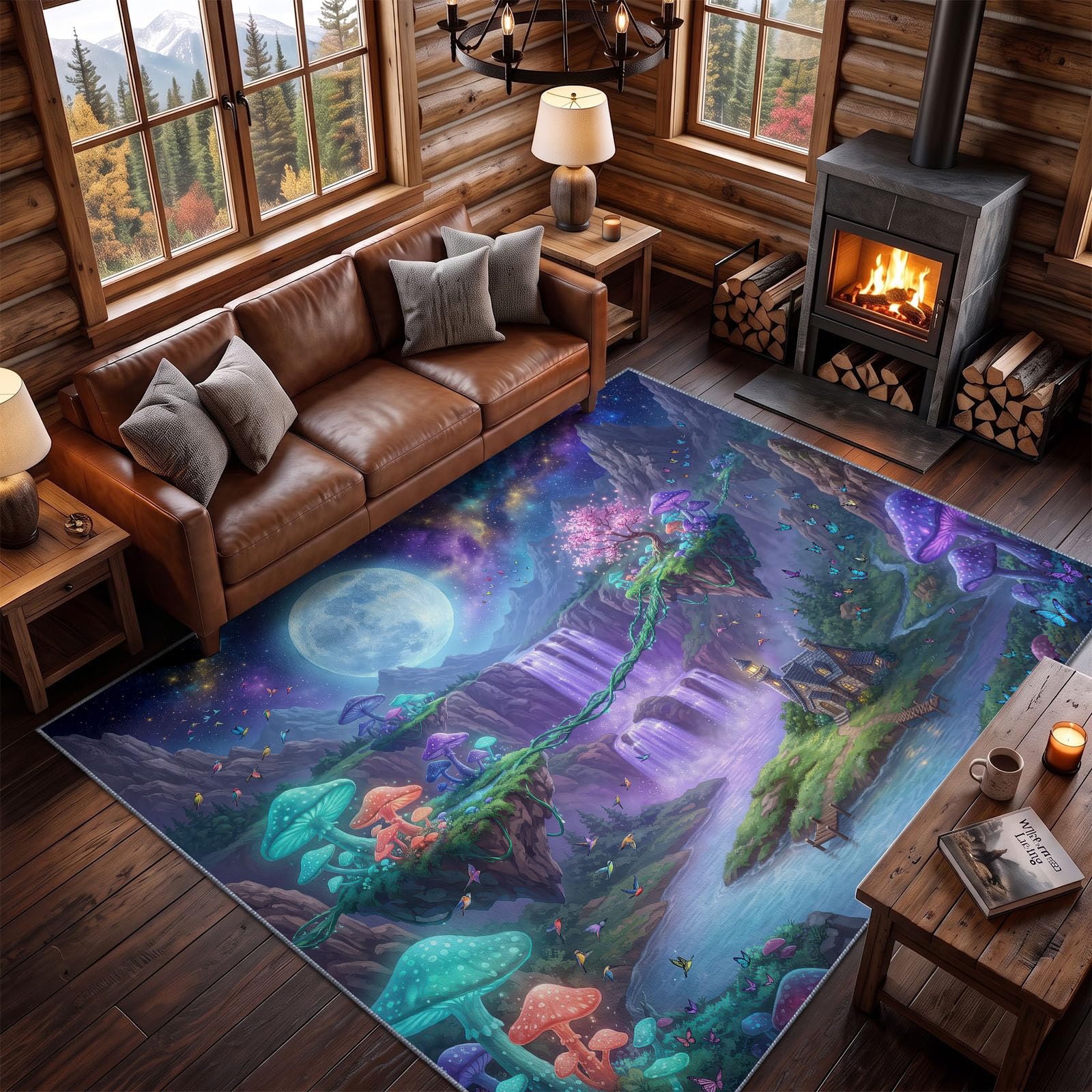 Tappeto per soggiorno, 60 x 110 cm, fantasia tropicale, fungo, cascata, farfalla, a pelo corto, lavabile, moderno, antiscivolo, per sala da pranzo, cucina, camera da letto, colorato