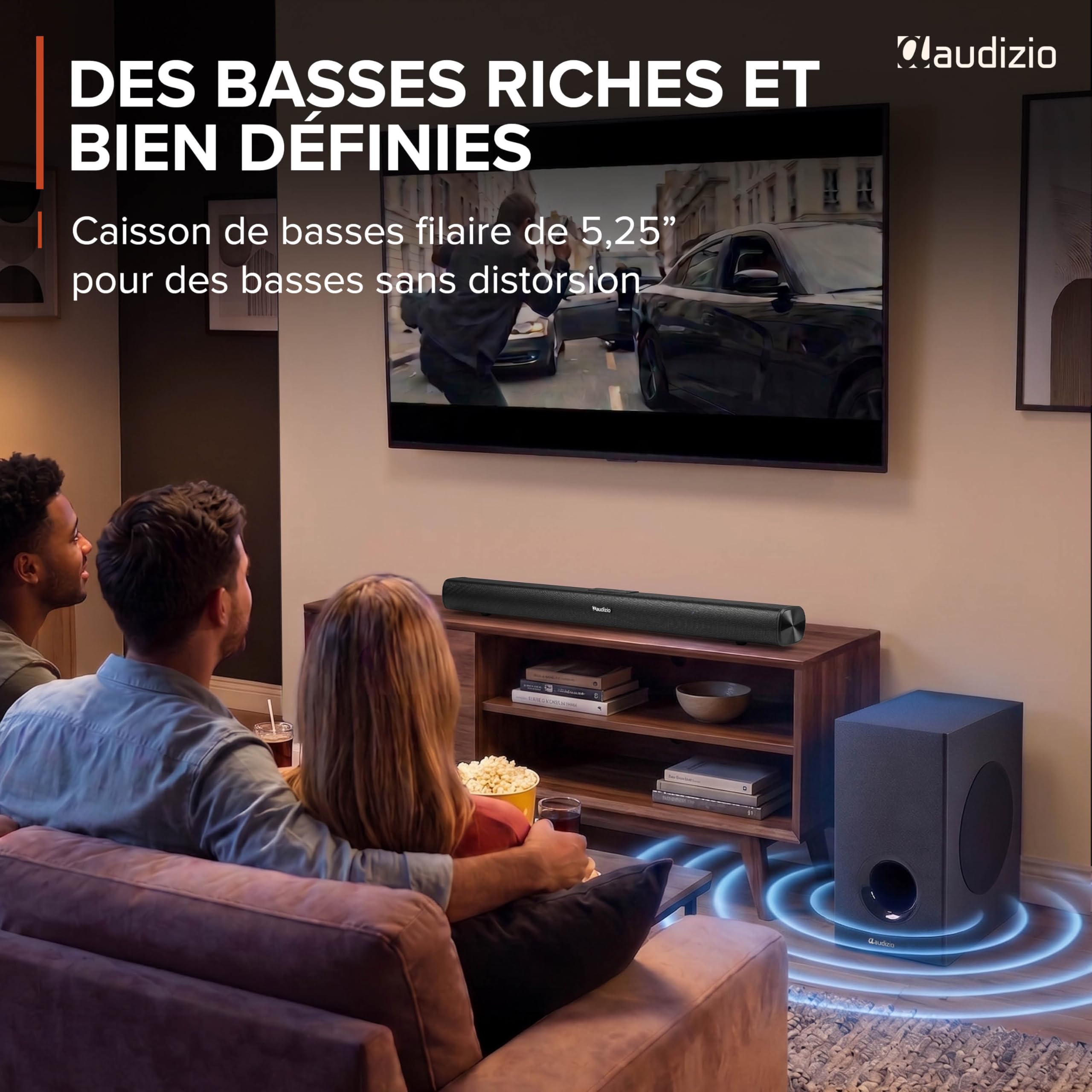 Audizio SB82S Barre De Son avec Caisson de Basse Filaire Bluetooth 5.3 HDMI Arc 120W, Soundbar 2.1 80 cm Optique, USB, AUX, Son TV Plus Puissant avec des Basses Profondes, Films, Musique et Jeux