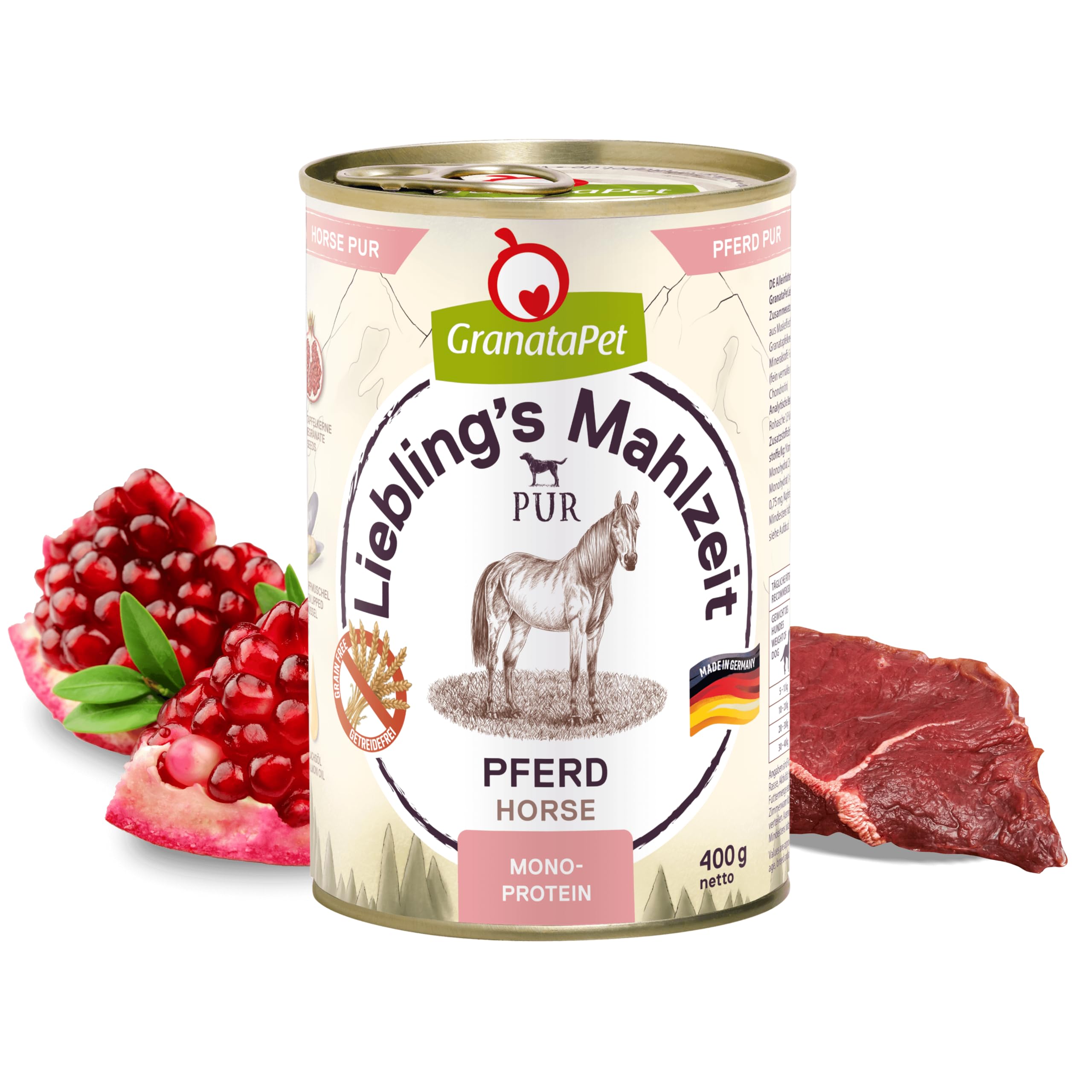 GranataPet Liebling’s Mahlzeit PUR con cavallo, cibo umido per cani, scatolette cani senza cereali e zuccheri aggiunti, alimento cani con alto contenuto di carne e oli salutari, 6 x 400 g