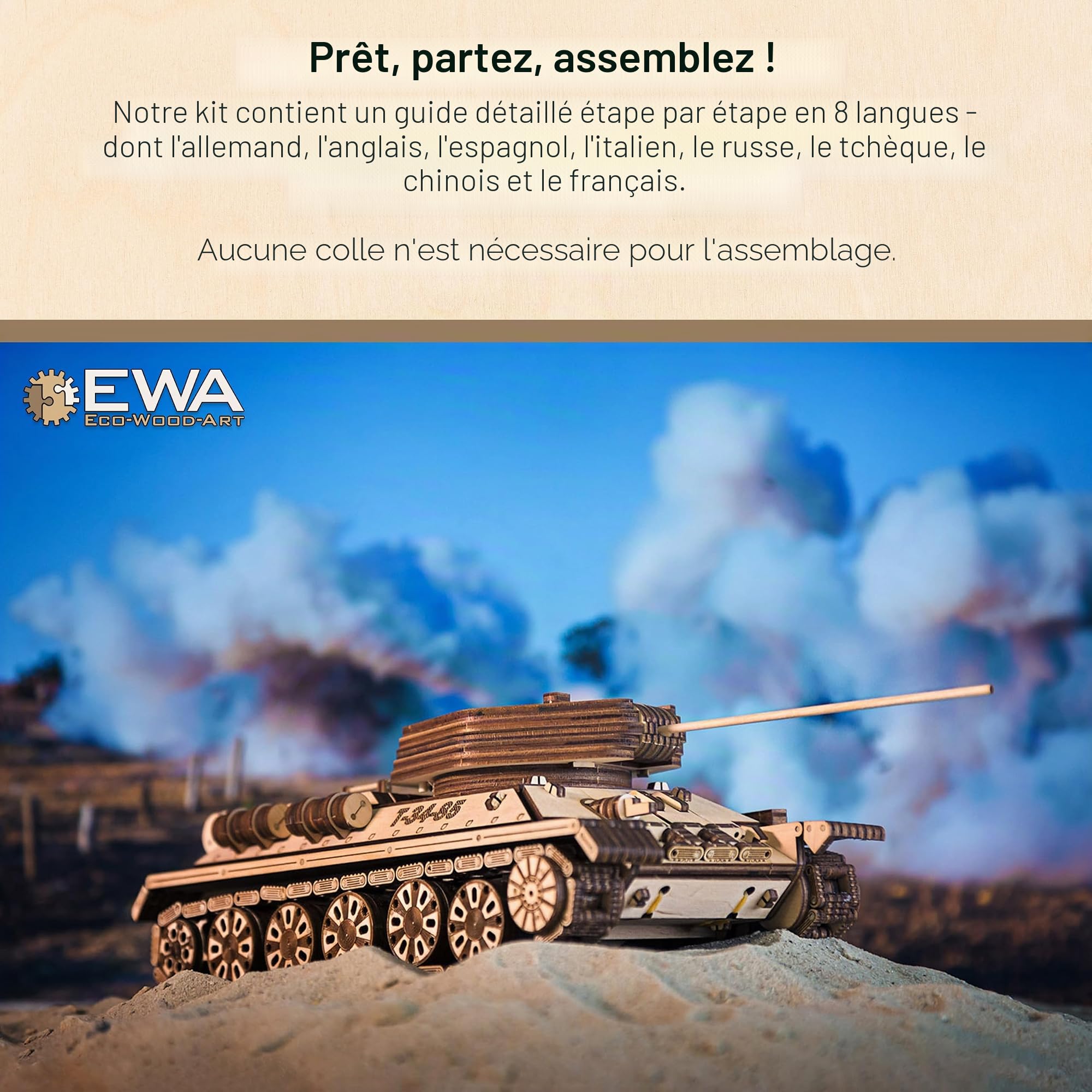 EWA Eco-Wood-Art - Char Militaire T-34-85 - Puzzle 3D mécanique en Bois - Puzzle pour Adultes et Adolescents - Assemblage sans Colle - 965 pièces