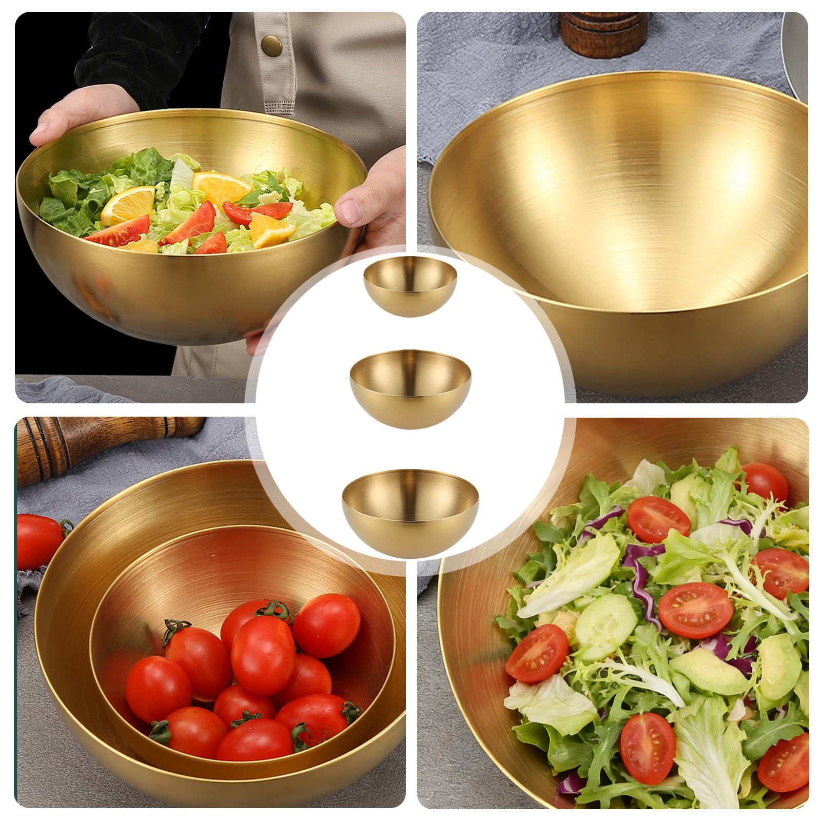 3 ciotole di riso in stile coreano dorato: piccole ciotole dorate in acciaio inox, per insalate, pasta, zuppe, riso, frutta (15 cm, 20 cm, 25 cm)