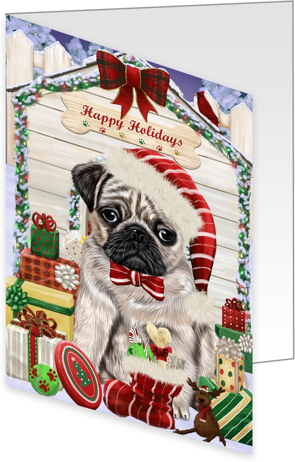 Christmas House with Presentes Pug Dog Greeting Cards - Adorable Pets Invitation Cards with Envelopes - Pet Artwork Christmas Greeting Cards GCD58478 (10 Greeting Cards)