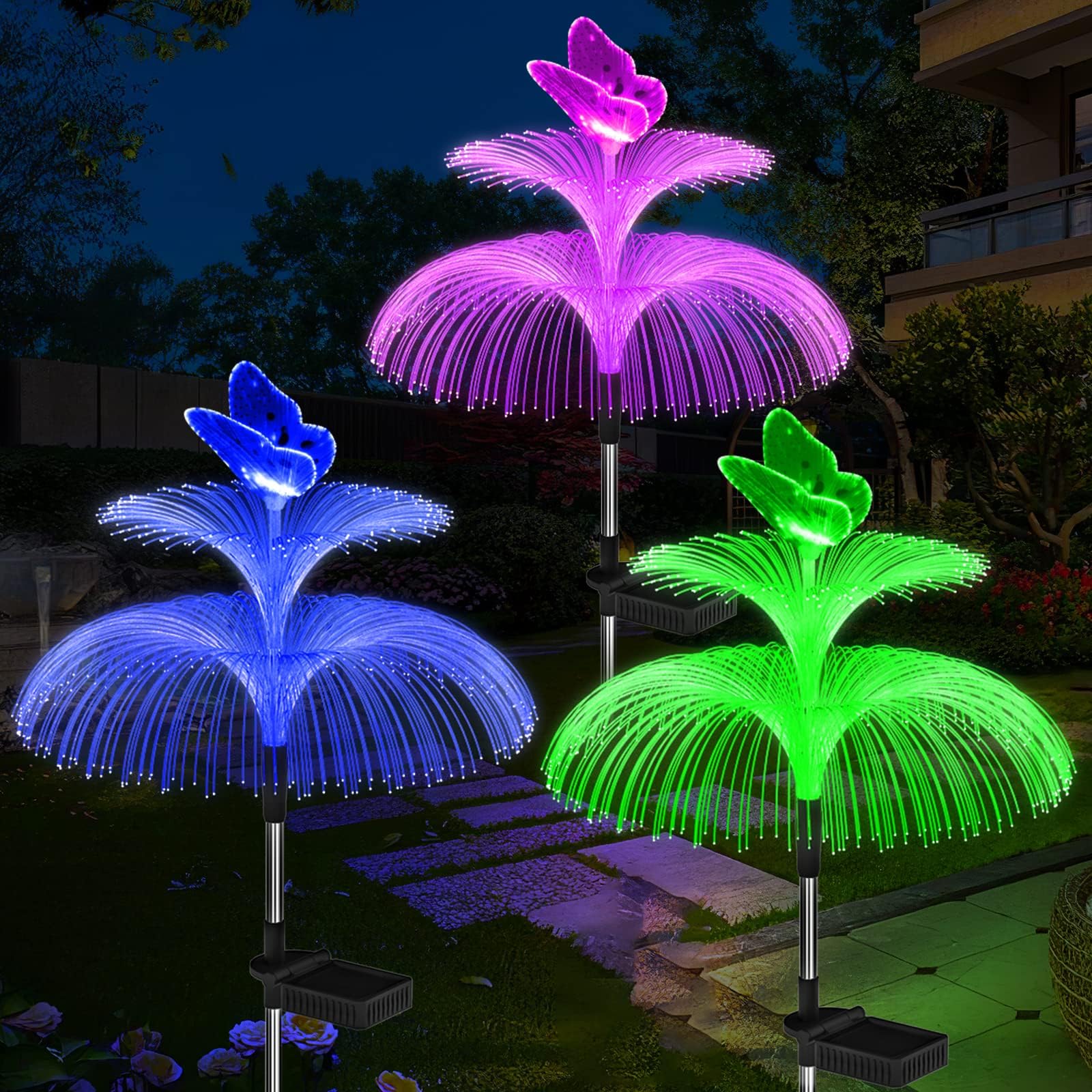 3-Pack Solar Outdoor Garden Decor, 7-Color Changing Double Jellyfish & Butterfly Solar Flower Lights for Garden, Patio, Yard, Pool, Fountain, Landscape, 29.1 Inches Tall