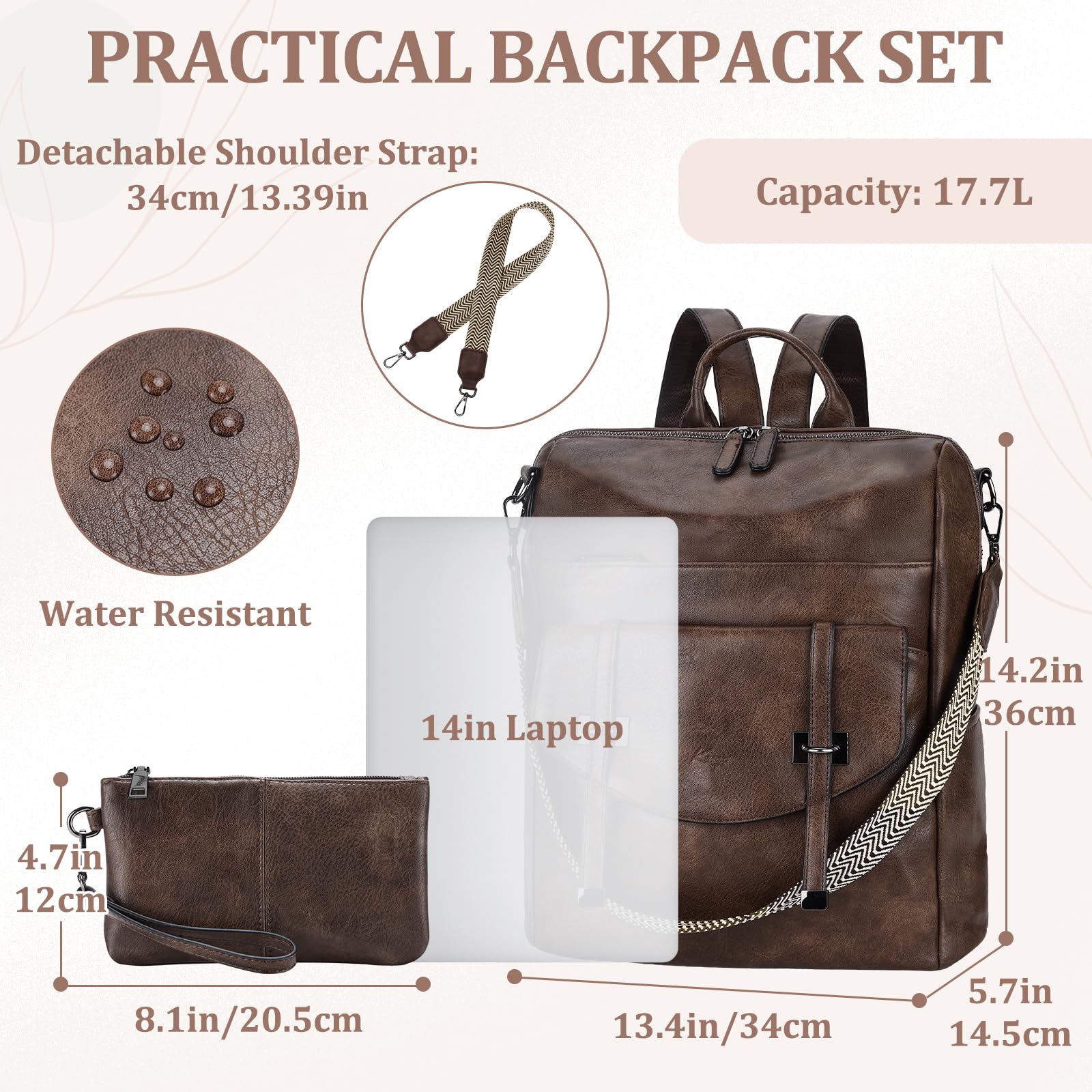 Mochila Viaje Mujer, Bolso Mochila de Cuero PU Mochila Antirrobo de Moda Bolso Convertible Impermeable Mochila Universidad Grande con Cartera para Shopper Esculea Trabajo, Café
