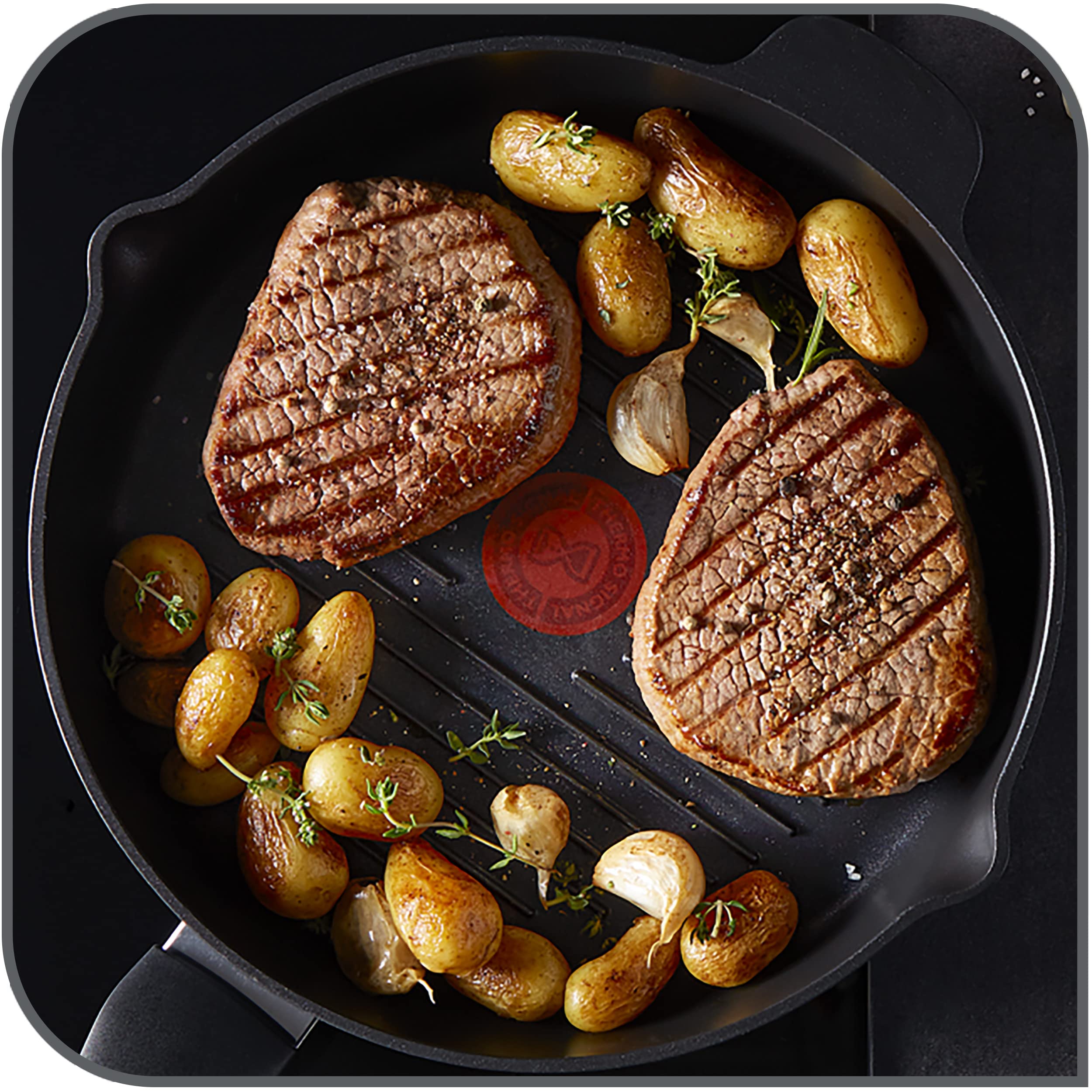 Tefal Robusto Aluguss Grillpfanne 26 cm, Bratpfanne Induktion mit Antihaftversiegelung, Thermo-Signal bei idealer Brattemperatur, für alle Herdarten geeignet, spülmaschinengeeignet, E24940