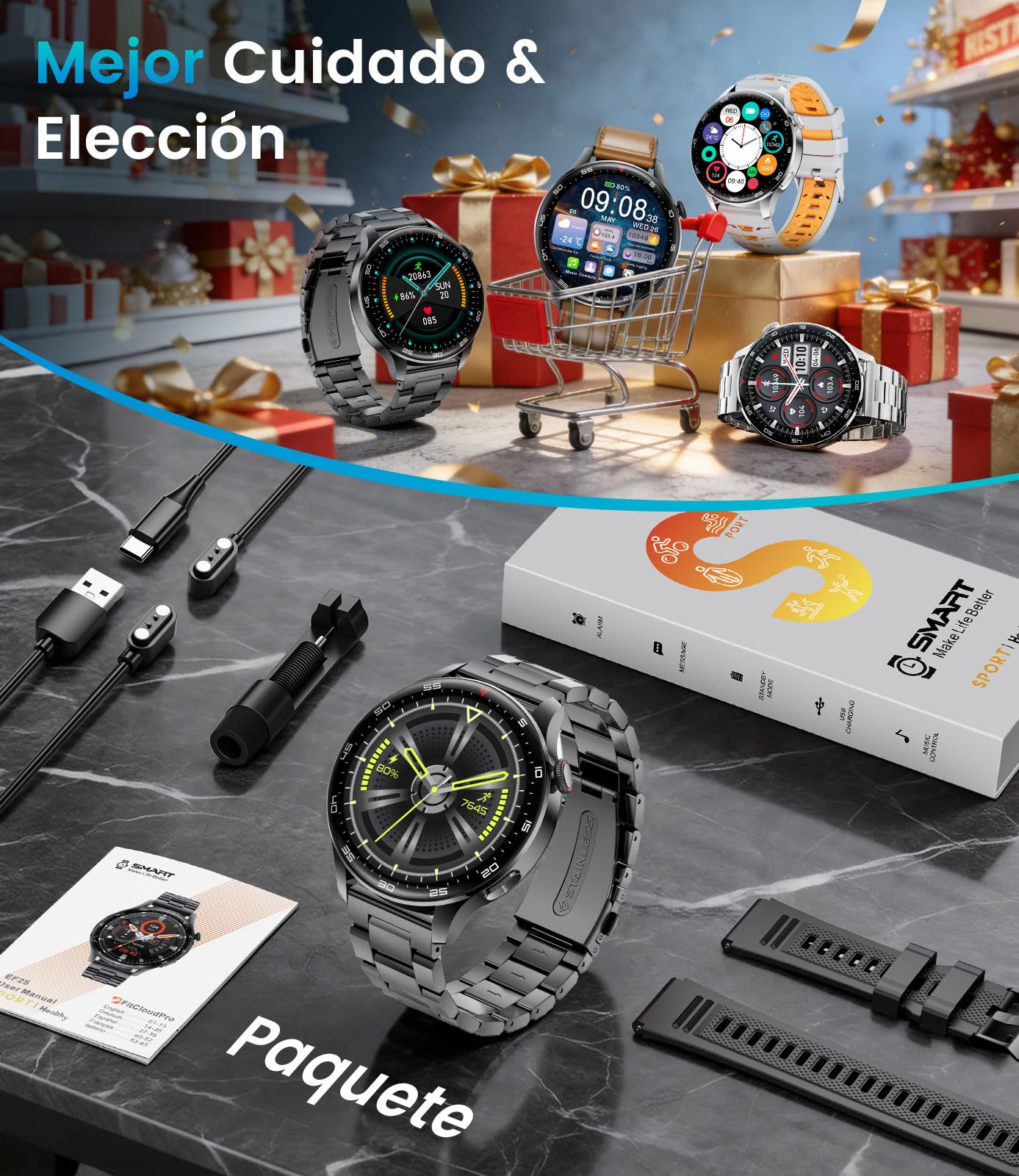 Reloj Inteligente Hombre con 800 mAh, Pantalla Táctil HD Grande de 1.7", Reloj Smart Militar con Luz LED, Función de Llamadas, IP68, 110+ Modos Deportivos Compatible con iOS/Android