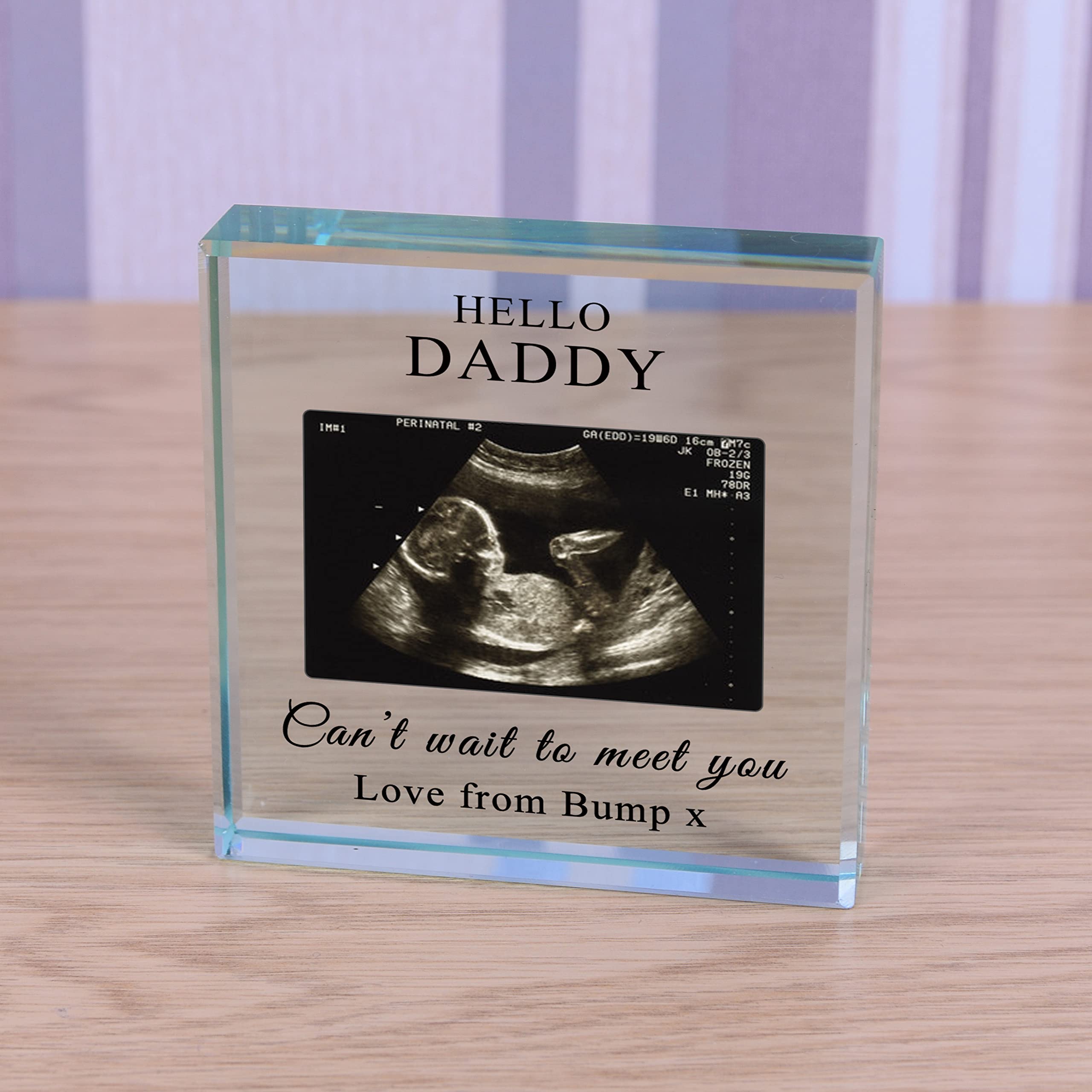SDD Personalised Hello.. Can't wait to meet you Glass Token Photo Engraved Glass Block Paperweight Gift Block Ultrasound New Baby Scan