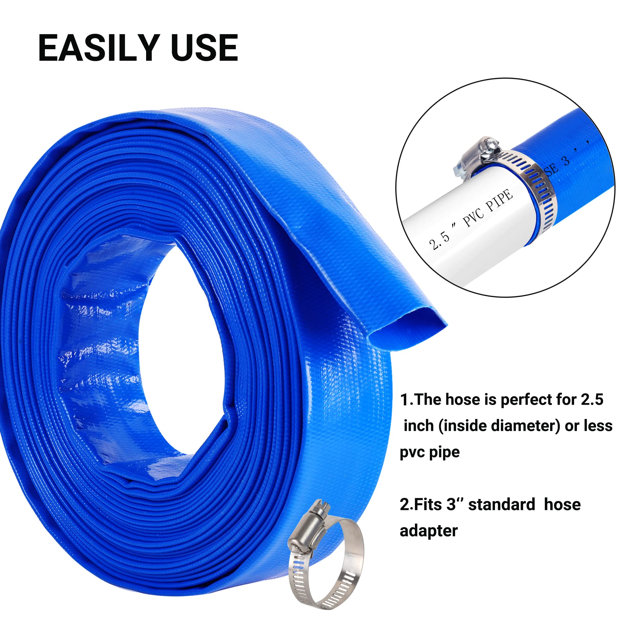 Manguera de retrolavado de piscina de 3 pulgadas x 50 pies, manguera de descarga de agua plana de PVC reforzado azul resistente para bomba de filtro de piscina, con 1 abrazadera