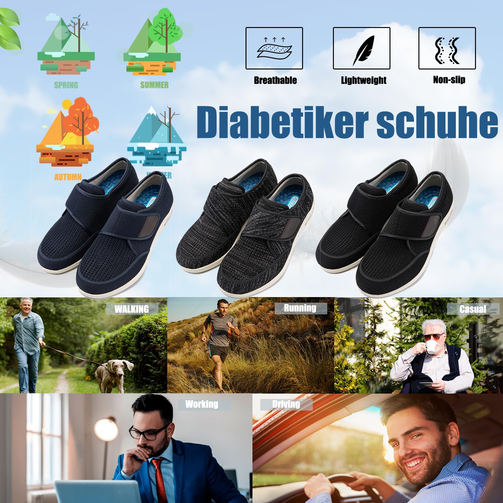 Chaussures diabétiques pour Hommes, en Tissu Eté Scratch Réglable Orthopédique Viscoélastique pour Oedème Gonflé Pied Large Orteil Ouvert Elargissement,Black Gray,48 EU
