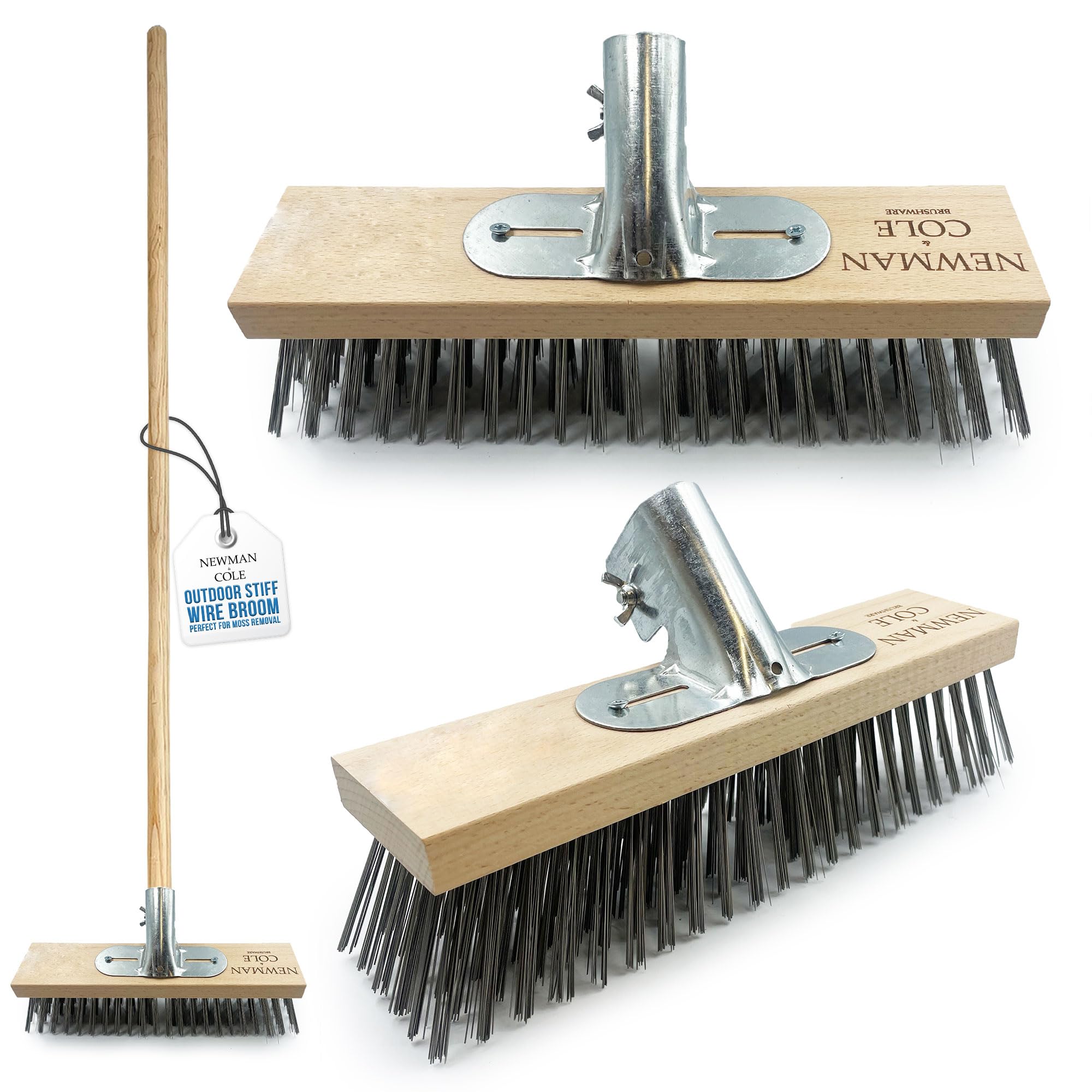 Newman And Cole Brown Wire Broom Head And Handle - 12" Stiff Metal Bristle Deck Scrub Brush For Heavy Duty Removal Of Weed Moss & Algae On Patio (Head And Handle)
