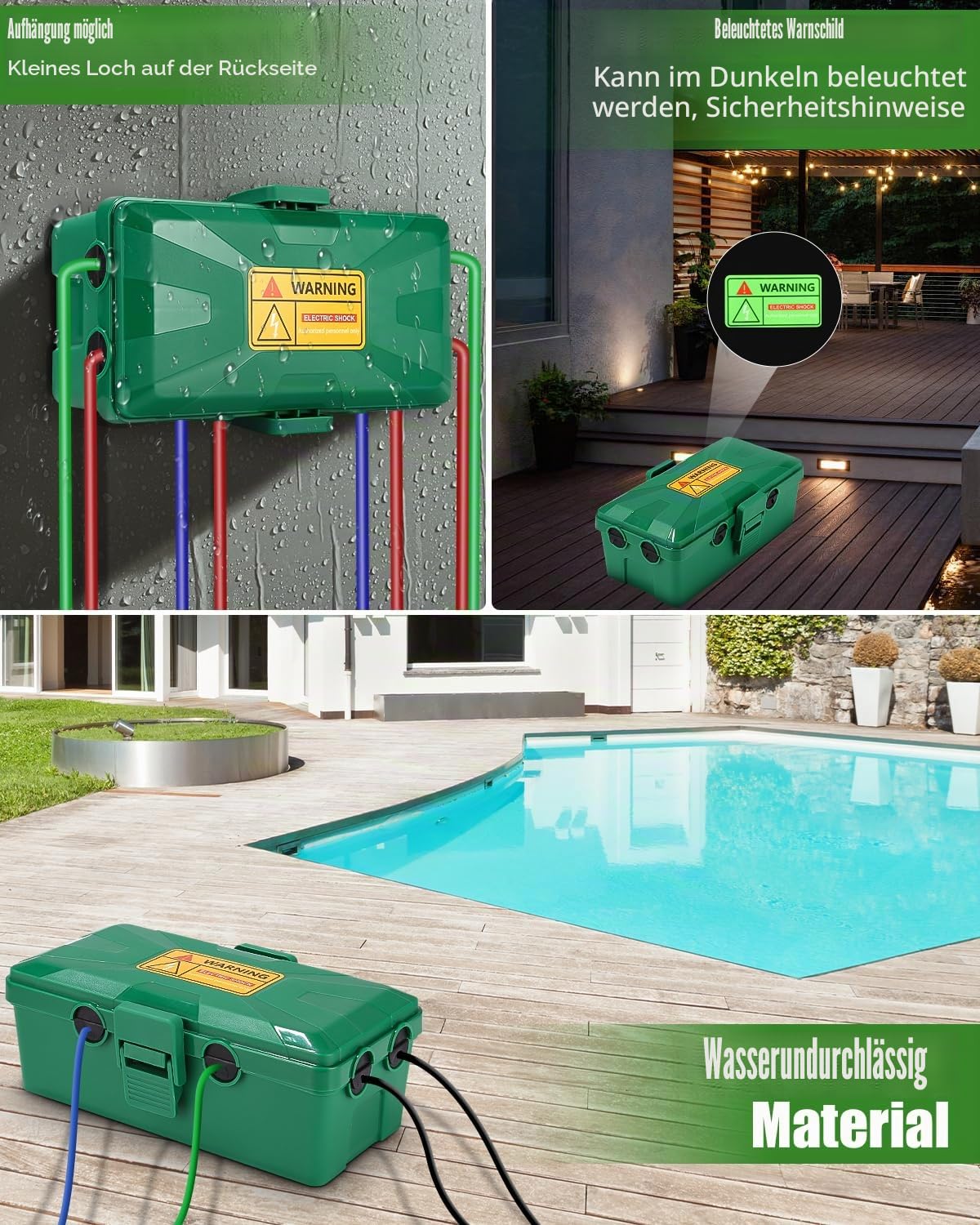 Kabelbox Wasserdicht,26.1x15x9.4 cm,Outdoor Kabel Safe Box,kabelbox,6 Kabeleingänge und ausgänge,Wetterfester Anschlusskasten Abdeckungen Schützen Steckdose,Zeitschaltuhr,Holiday Light,grün