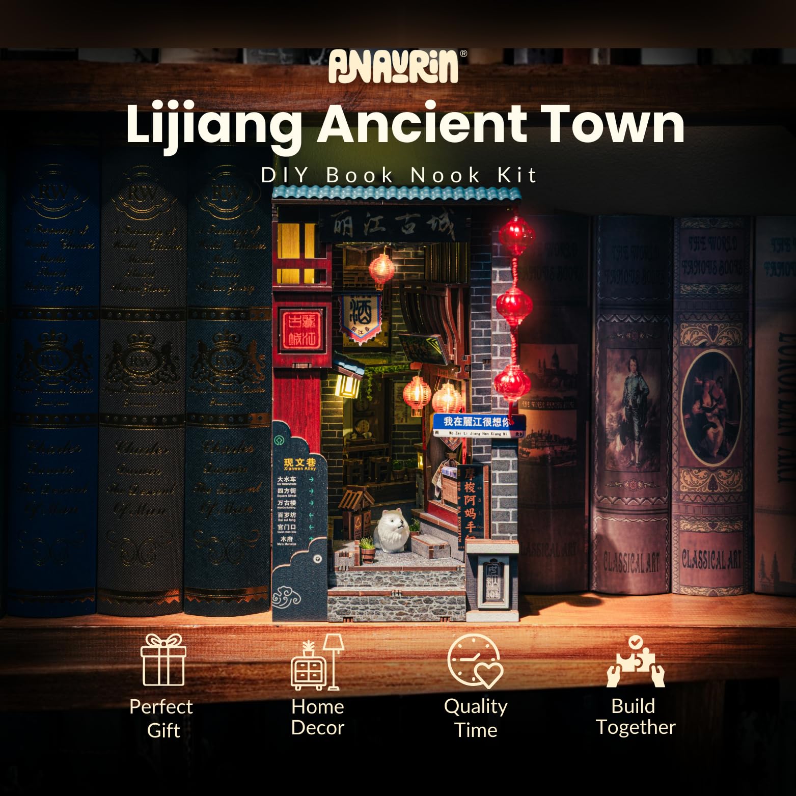 Anavrin Lijiang - Kit per angolo libro in legno 3D fai da te, per adulti, adolescenti e amanti dei libri, decorazione per libreria, regalo creativo per familiari, amici e anziani