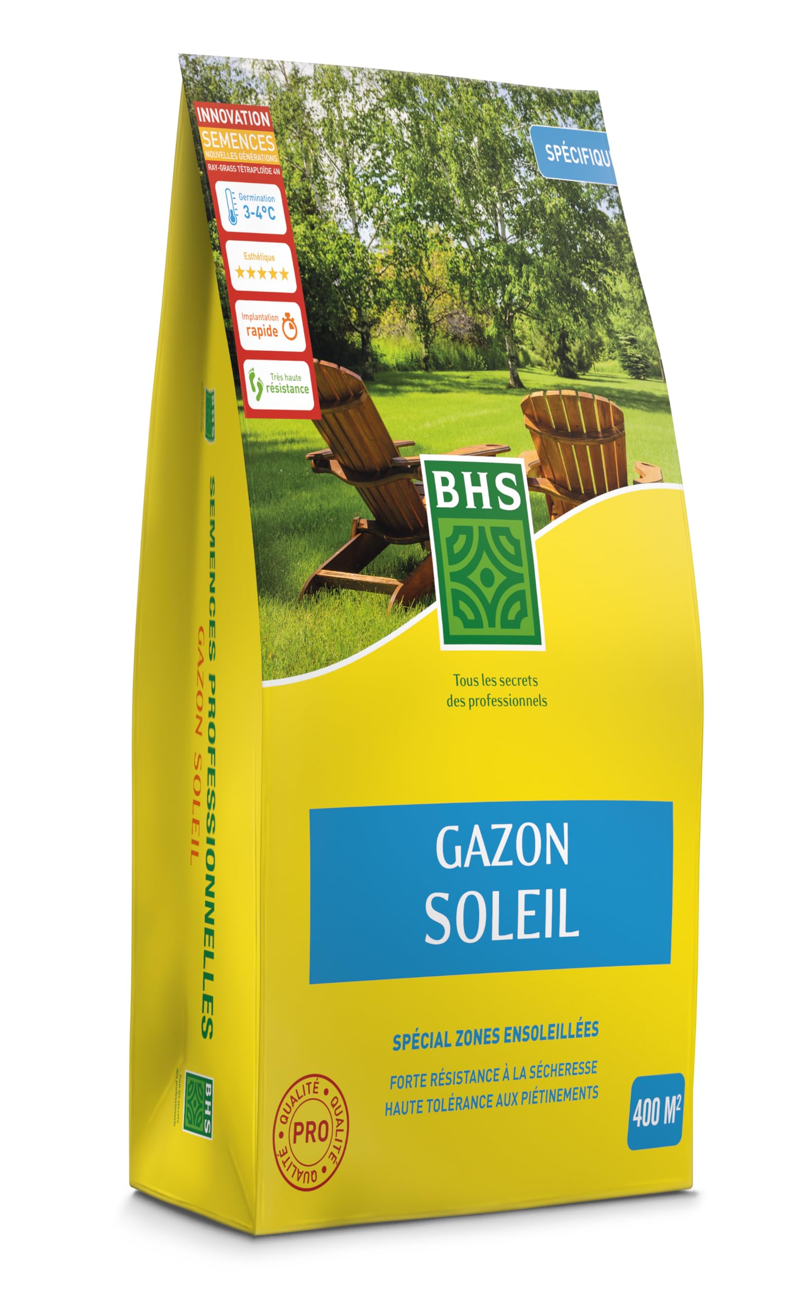 BHS - 10kg, 400 m², Gazon Soleil, Espaces fortement exposés au soleil ou aux zones de climat méditerranéen, Mélange équilibré alliant esthétique et résistance à la sécheresse Homogène