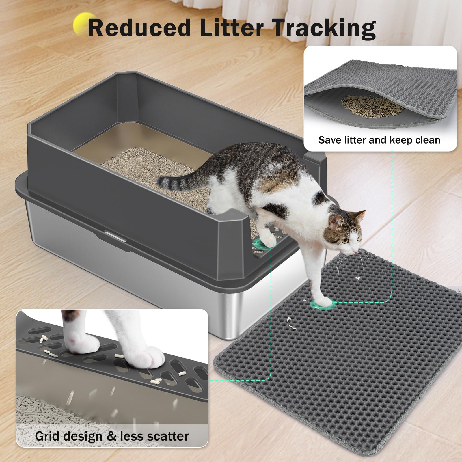 Roestvrijstalen kattenbak met hoge zijkanten, extra grote XL kattenbakbehuizing voor grote meervoudige katten met deksel, metalen kattenbakbak, niet plakkerig, inclusief kattenbakmat en schep