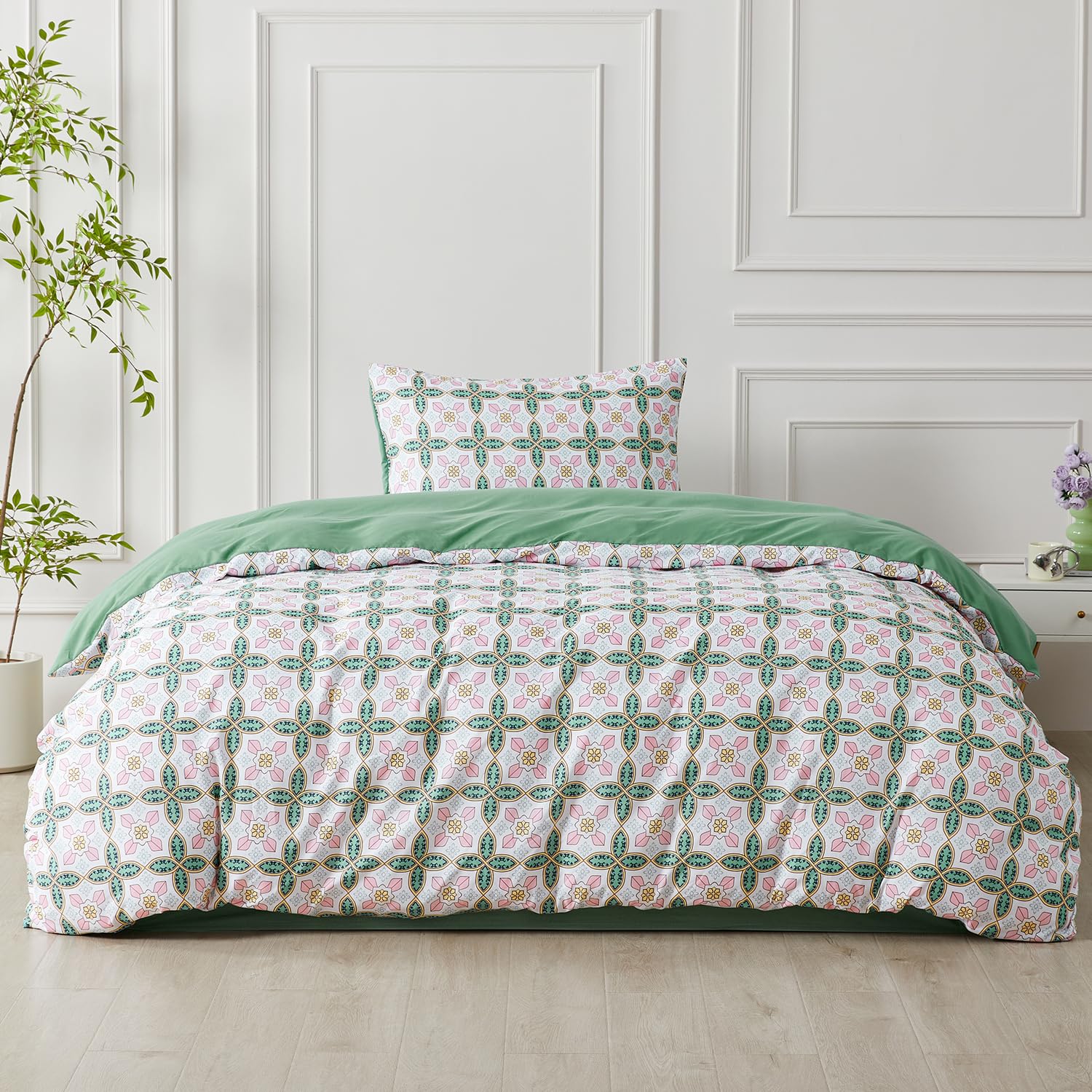 SAPHREAS Twin Boho Duvet Cover Single Size 2 pcs, Green Paisley Bedding Set including 8 Corner Ties