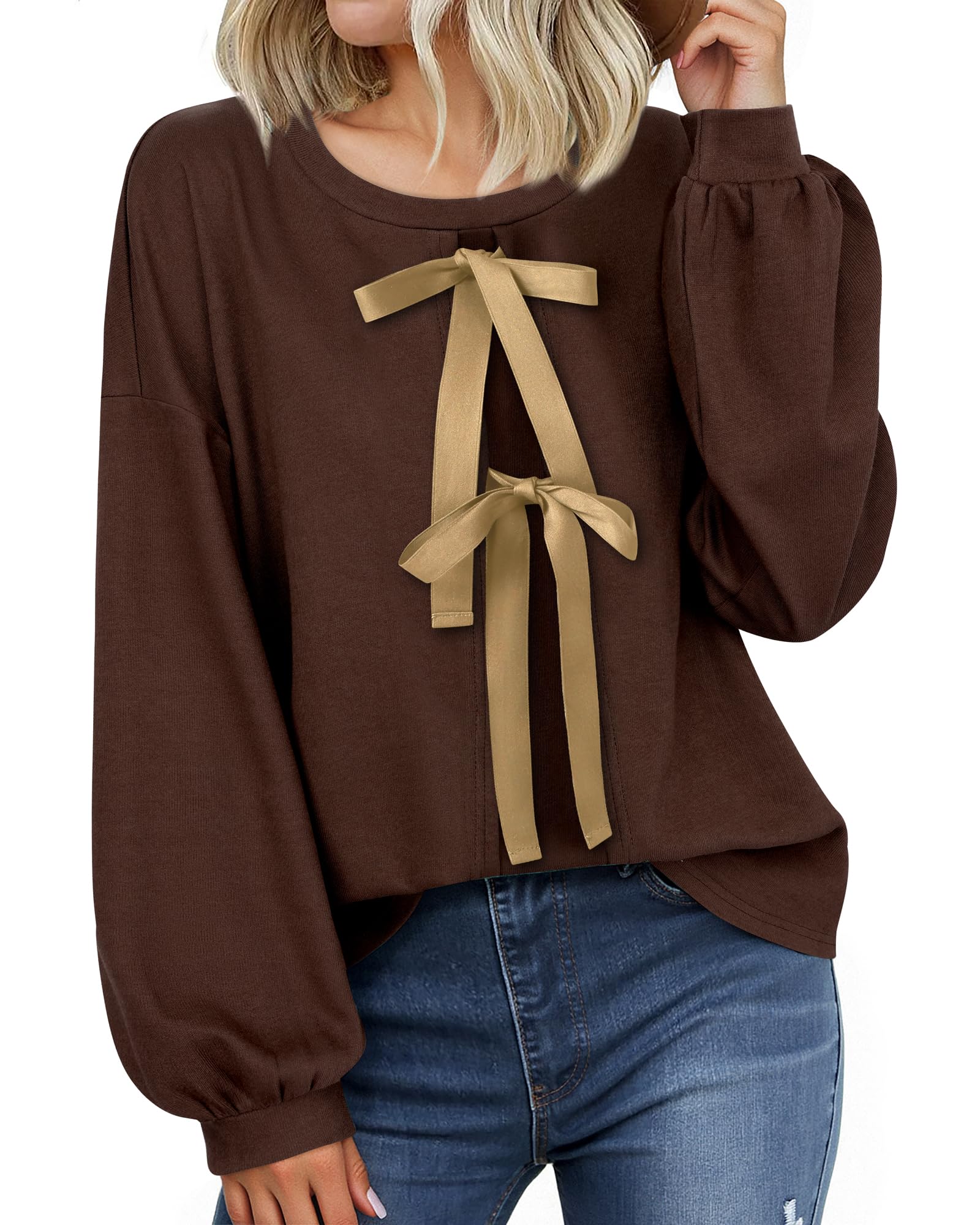 Vivilli Women's Tie Front Knit Tops Long Lantern Sleeve Shirts Crewneck Sweatshirts A-Line Patchwork Fall Fashion Tunic
