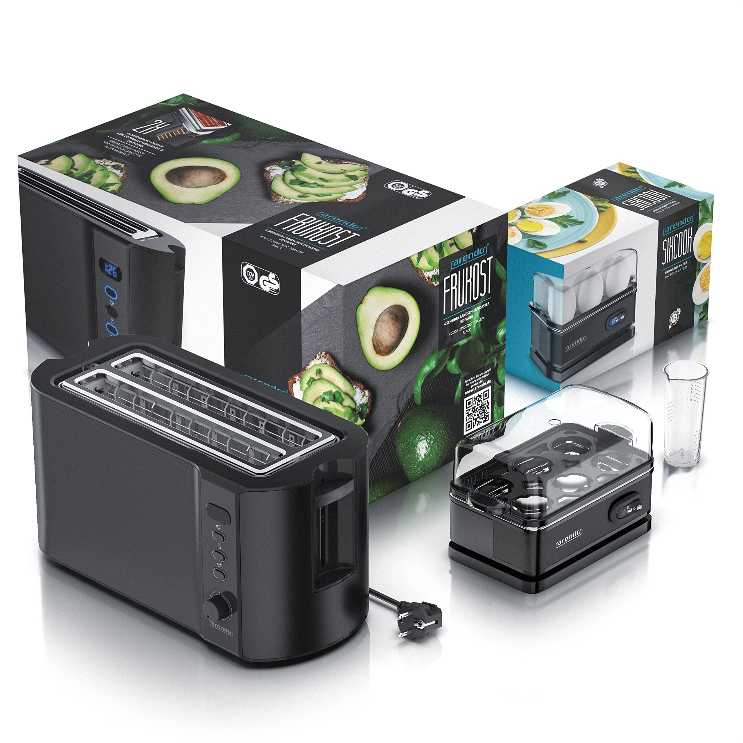 Arendo - SET Eierkocher SIXCOOK mit Toaster FRUKOST Edelstahl Schwarz, Toaster 4 Scheiben, LED-Display, 6 Bräunungsgrade, Brötchenhalter - Eierkocher 1-6 Eier, Messbecher