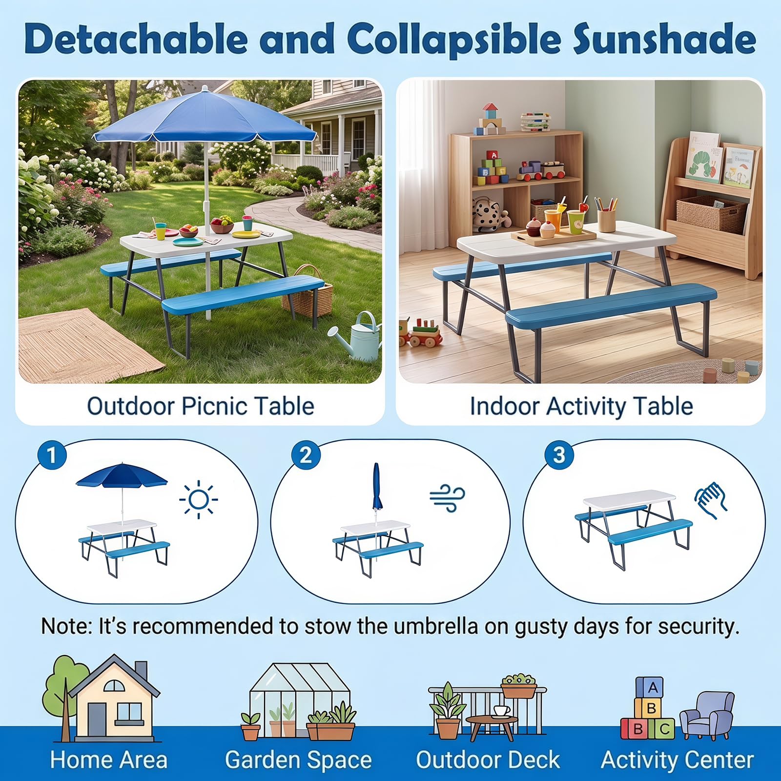 LIFEZEAL Tavolo da Picnic per Bambini con Ombrellone Pieghevole, Regolabile | Set Tavolo e Sedie per Bambini 3-8 Anni, 1 Tavolino e 2 Panche per Giardino, Terrazzo, Campeggio, Cameretta e Cortile
