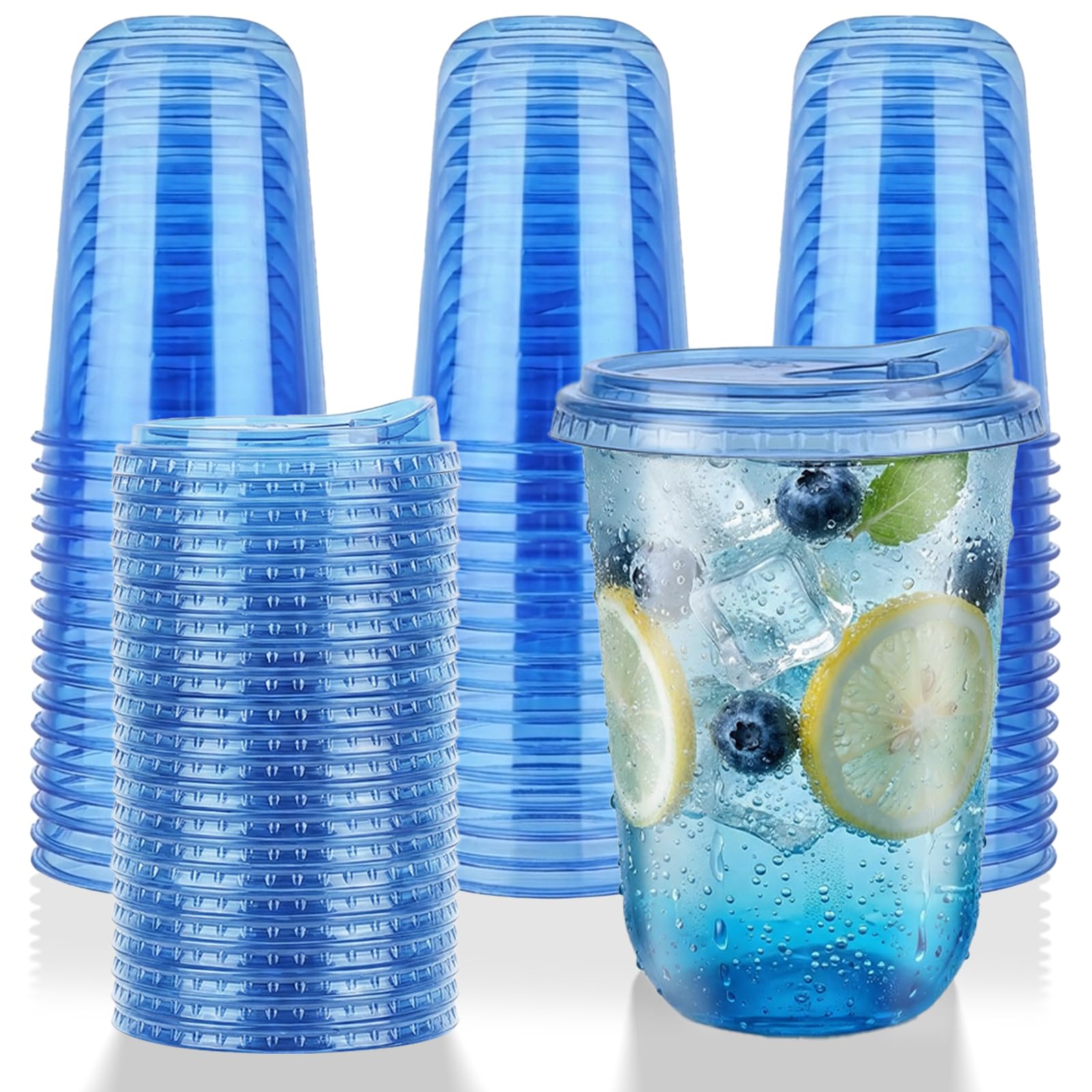 Photo 1 of 16oz Disposable Stemless Glasses With Strawless Sip Lids,PET Disposable Drinking Cups,Clear Plastic Wine Glasses for Parties Birthday,Wedding,Meeting,for Birthday Wedding Meeting Party. (50, Blue)