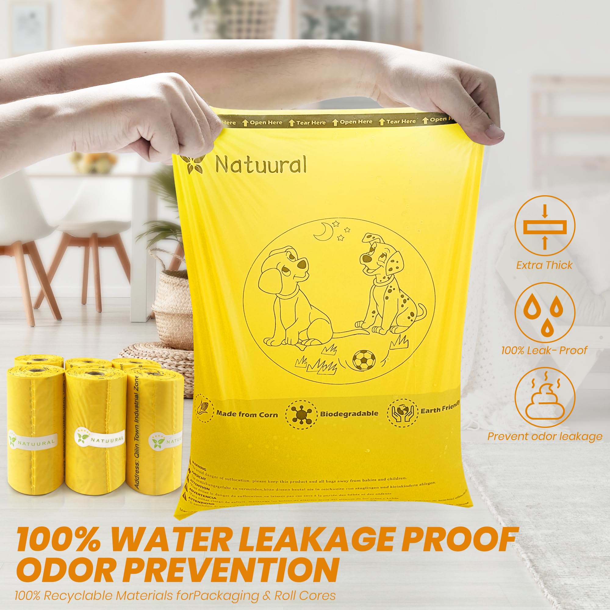 Sacchetti Cane Cacca Biodegradabili, 1050 unità, 70 rotoli con Dispenser Gratuiti, Sacchetti per Escrementi di Cane Realizzati in Amido di Mais, Resistenti e a Prova di Perdite al 100% (Giallo)