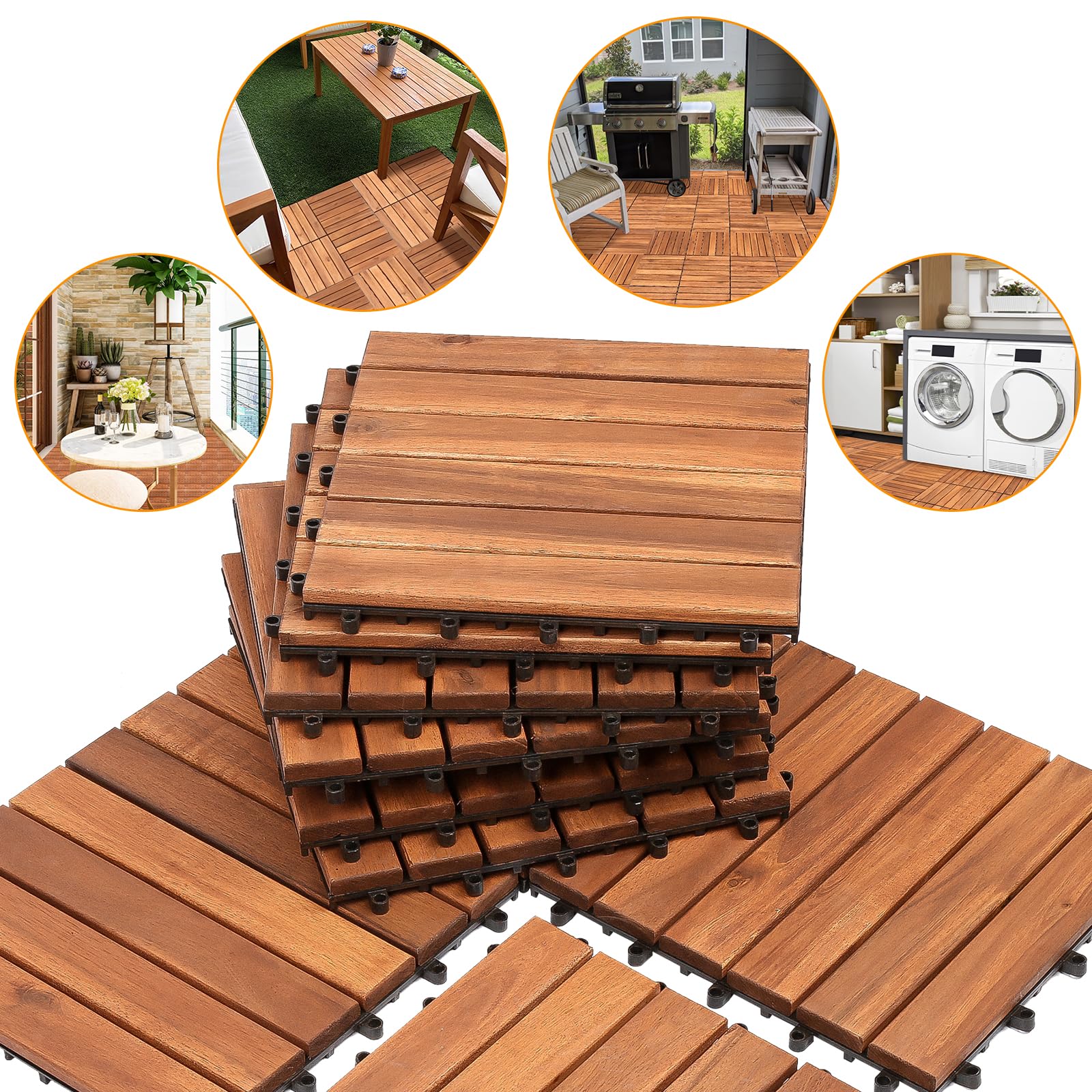 Daromigo 4m² Holzfliesen aus Akazien Holz, Terrassenfliesen Klickfliesen 30 x 30 cm, 6 Latten Garten-Fliese Balkonfliesen für Garten Terrasse Balkon Terrassen (44 Stück)