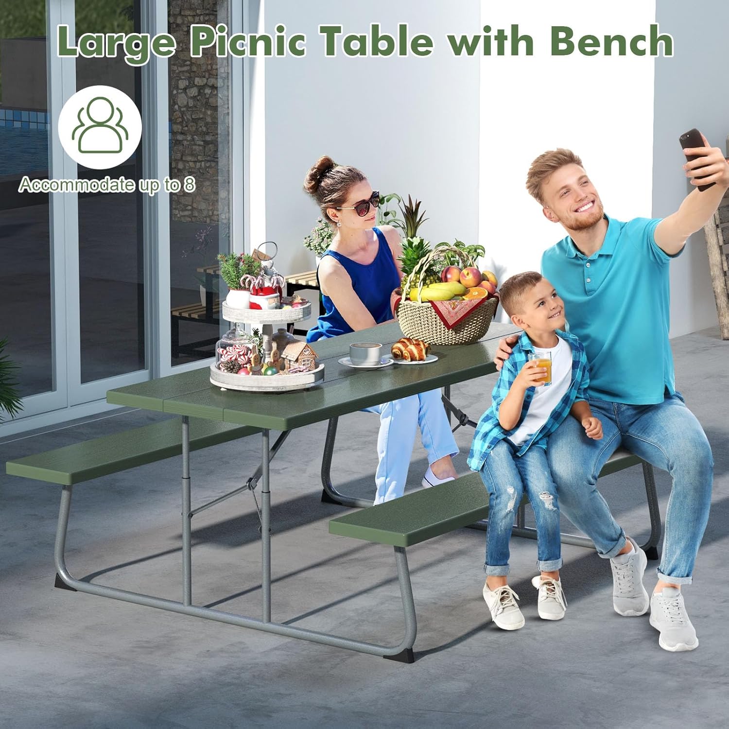 Tangkula 6 Ft Folding Picnic Table, Outdoor 8 Person Large Picnic Table Set with 2 Built-in Benches, Umbrella Hole, Metal Frame & HDPE Tabletop for Garden, Backyard (Green)