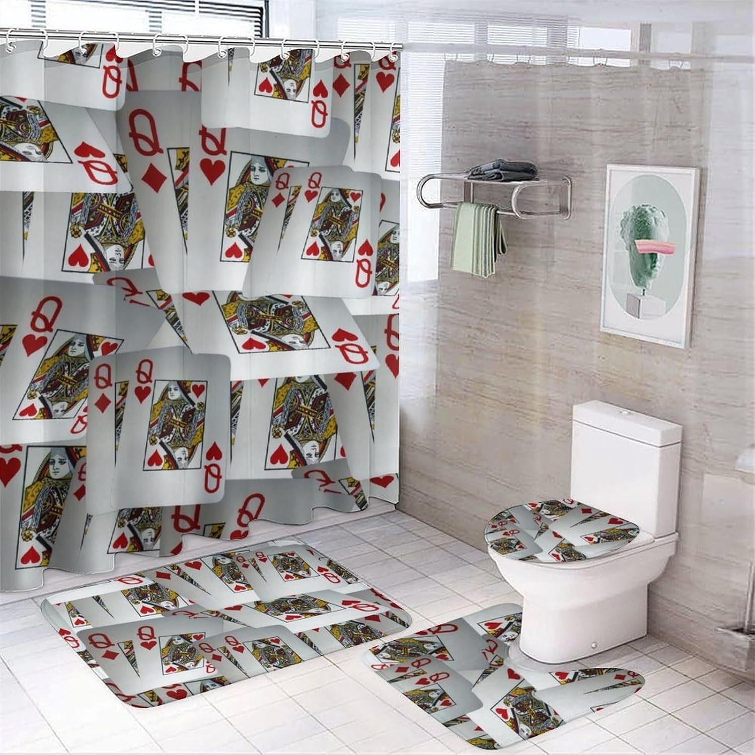Queen Poker Bathroom Four Piece Set, Including Floor Mat and Shower Curtain