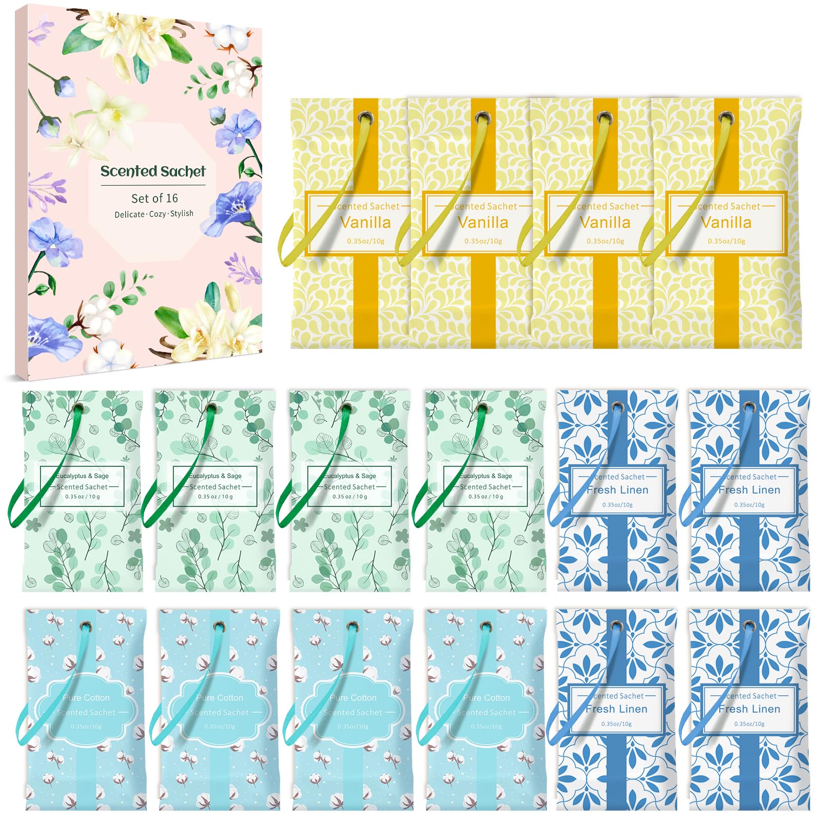 DERDUFT Wardrobe Fresheners,Scented Sachets 16 Pack, Fresh Linen, Vanilla, Lavender, Cotton for Clothes, Room, Drawers, Car