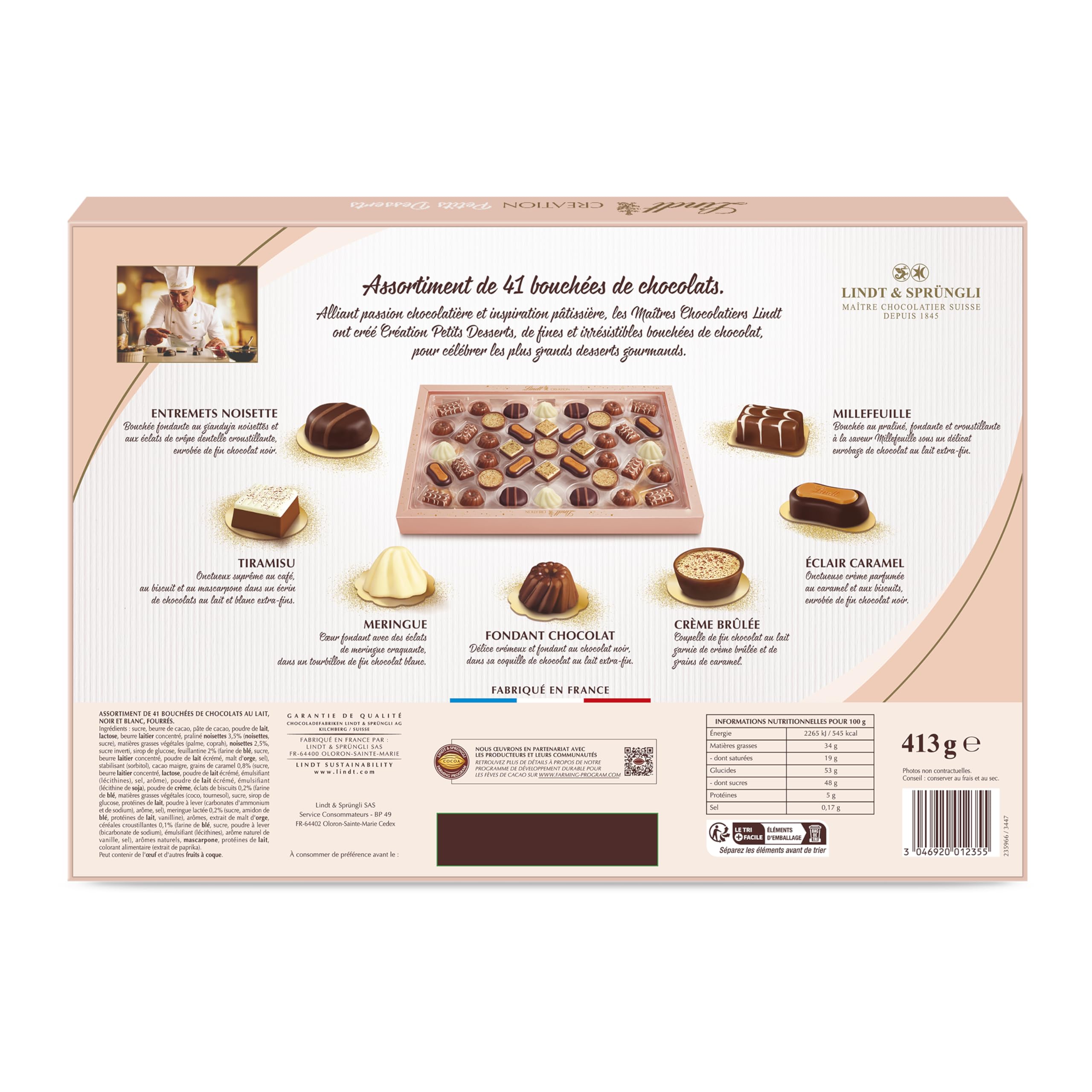 Lindt - Boîte CRÉATION Petits Desserts - Assortiment de Chocolats au Lait, Noirs et Blancs - Inspiration pâtissière - Idéal pour Noël, 413g