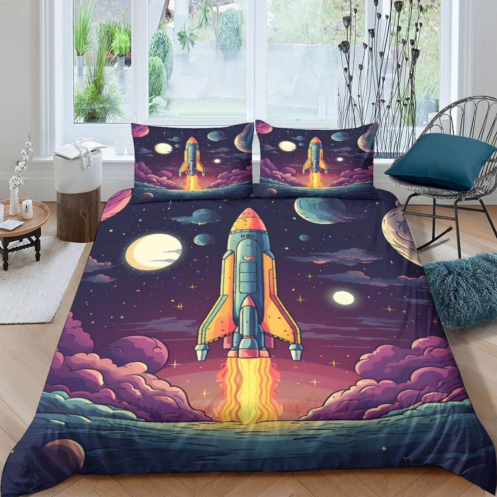 Ctjqhvkz Style-3 3D Printed Rocket Launch Fitted Sheet Microfiber Soft Space Shuttle Bed Cover For Bedroom Dorm Mattress Decor Single（135X200cm）